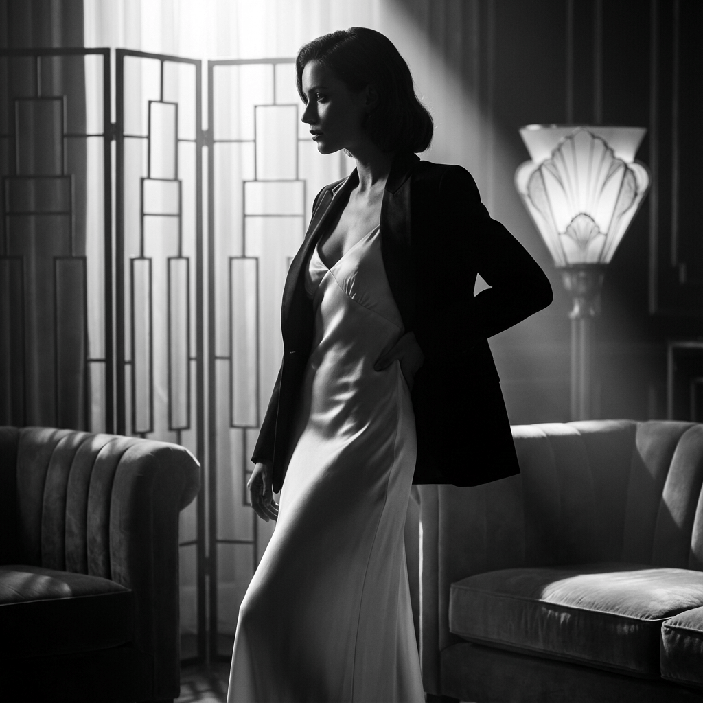 Vogue editorial style boudoir, opulent mirrored room, dramatic single key light creating deep chiaroscuro, confident alluring posture, luxurious satin textures, intimate high-fashion mood, cinematic framing, high-contrast black and white, ultra-sharp detail, magazine cover quality shot
