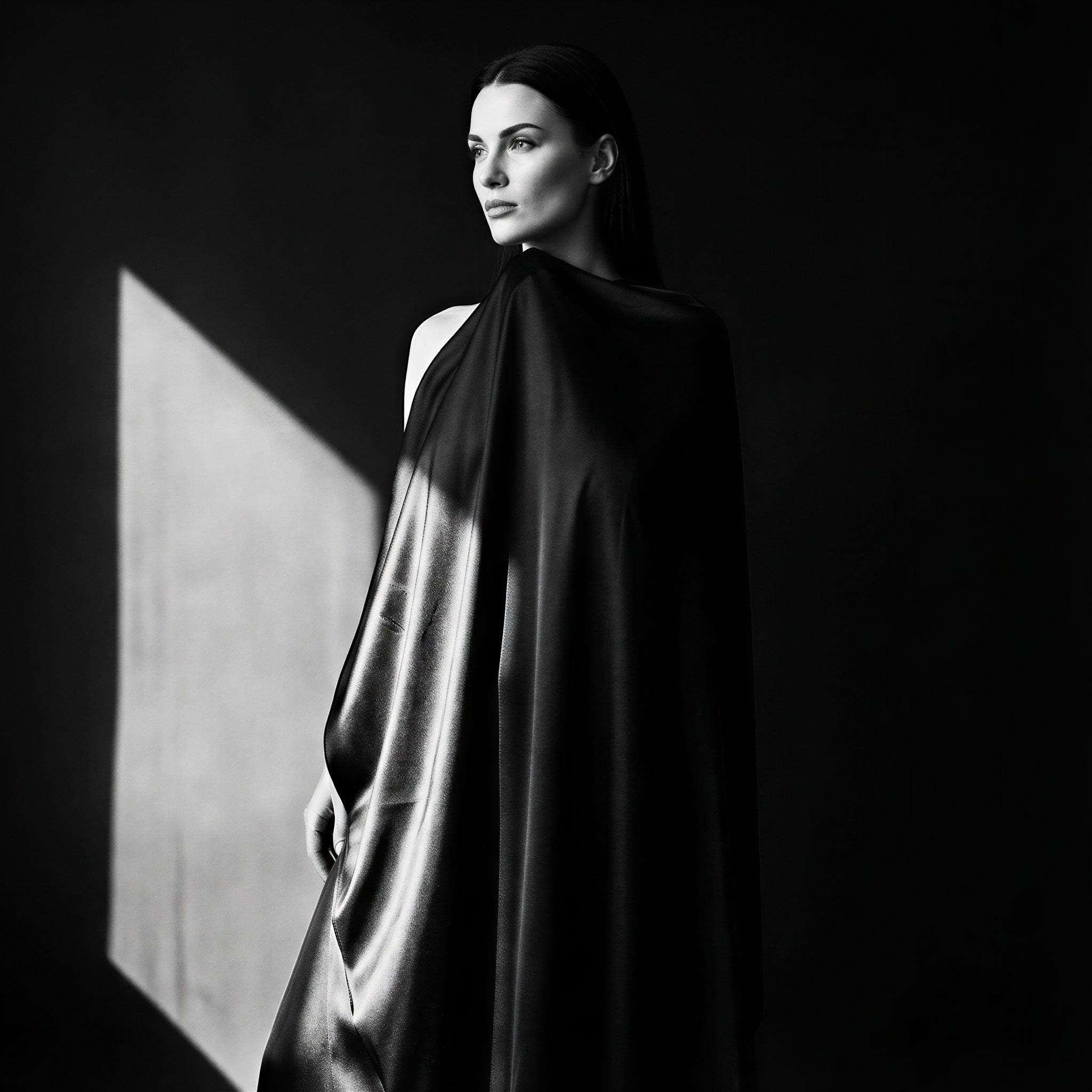 Vogue editorial style boudoir, single figure draped in silk against a stark black backdrop, harsh dramatic chiaroscuro studio lighting, powerful confident mood, high contrast composition emphasizing silhouette and texture, minimalist elegance, fine art portraiture quality