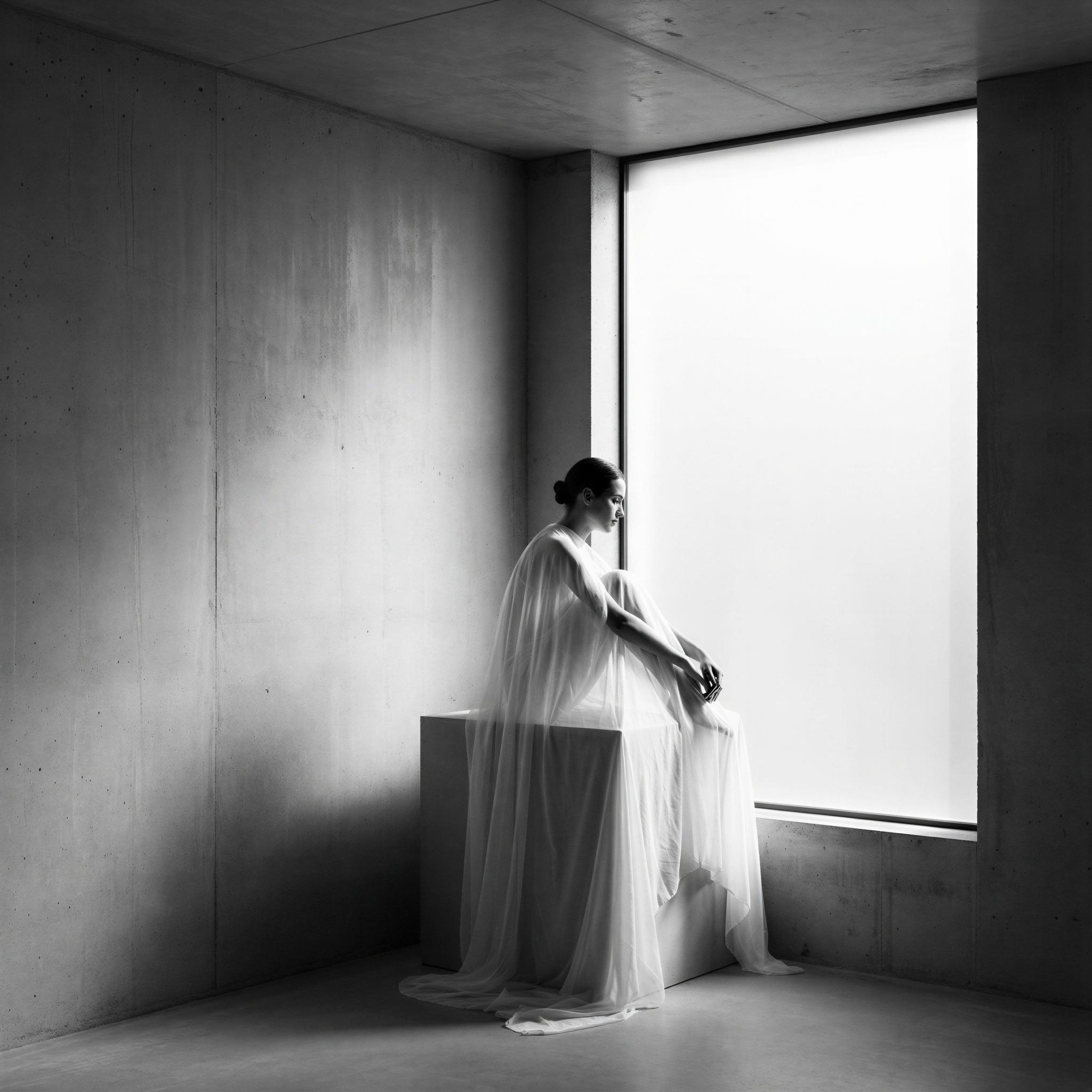Vogue editorial style, minimalist concrete studio setting, soft diffused north-facing window light creating gentle shadows, serene contemplative mood, focus on texture and form, single figure draped in sheer fabric, high contrast black and white, architectural composition, award-winning fine art photography