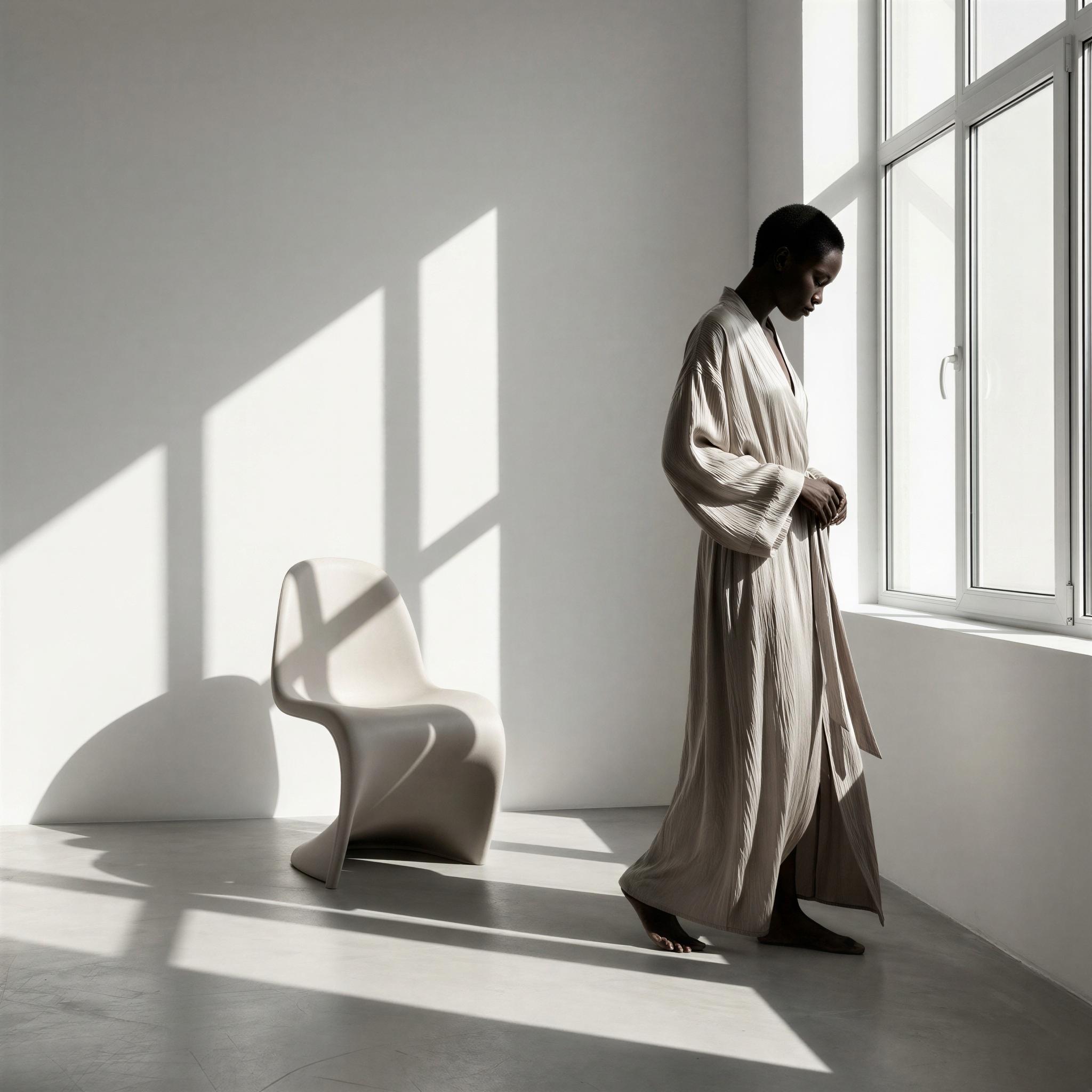 Vogue editorial style boudoir session, stark white minimalist studio, directional hard sunlight creating architectural shadows, contemplative mood, focus on texture and silhouette, elegant simple posing, ultra-high resolution, clean composition, sophisticated intimate atmosphere