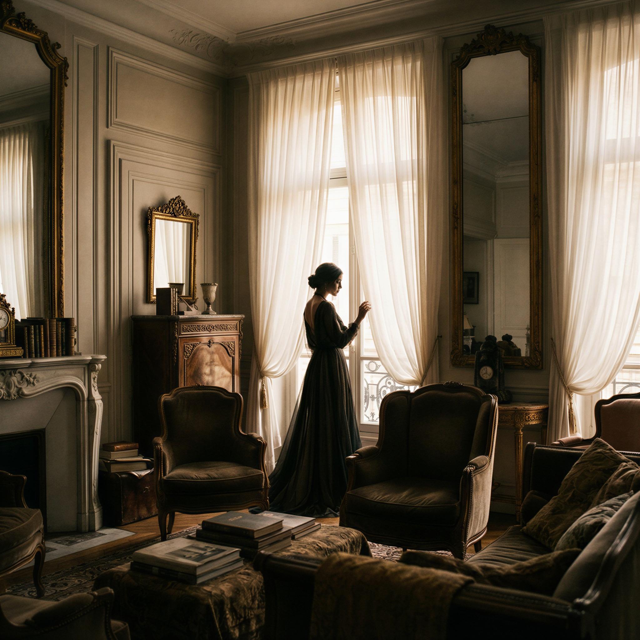 Vogue editorial style, solitary figure in a lavish Parisian apartment, soft directional window light illuminating sheer curtains, moody romantic atmosphere, antique furniture accents, elegant and confident silhouette, intimate cinematic framing, high-contrast texture detail, fine art photography quality