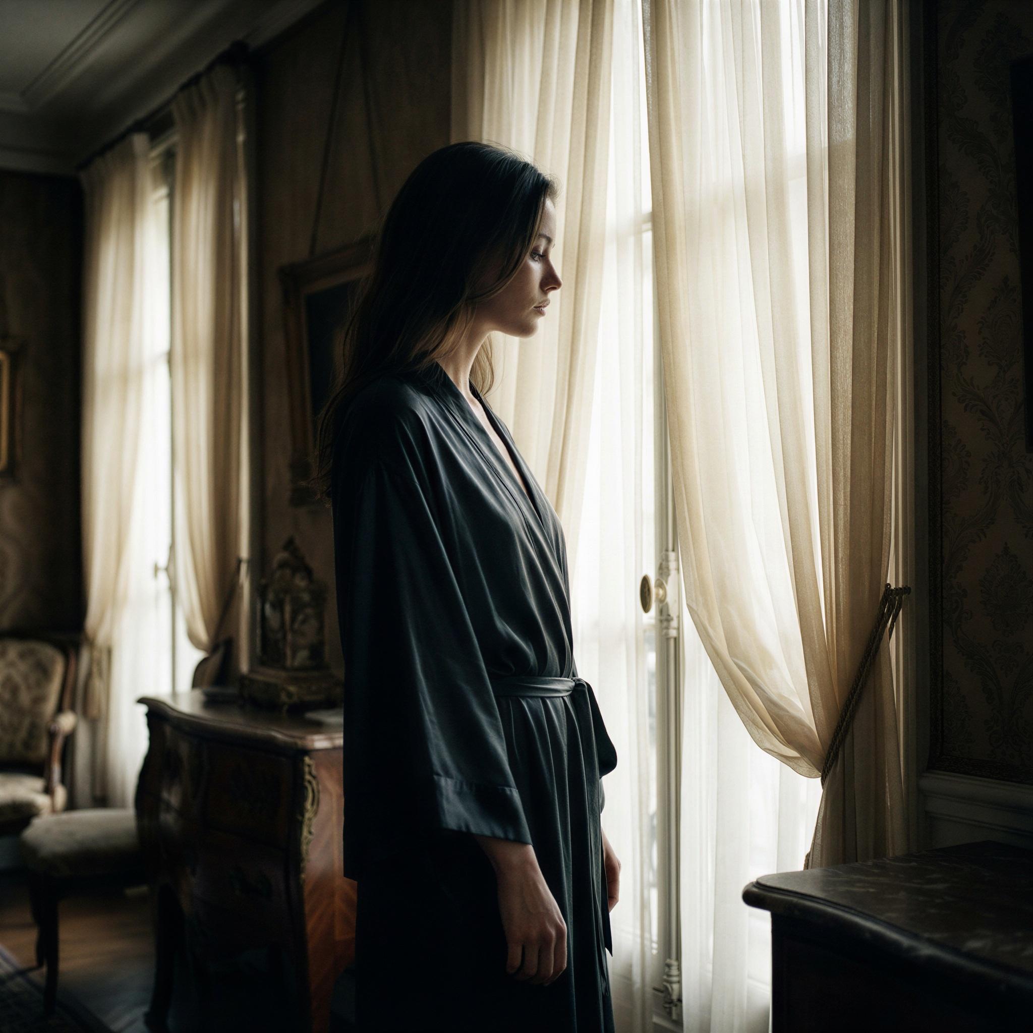 Vogue editorial style boudoir session, classic Parisian apartment setting, soft diffused natural window light illuminating silk drapery, elegant confident mood, intimate yet sophisticated atmosphere, close-up framing focusing on texture and silhouette, high-resolution fine art photography
