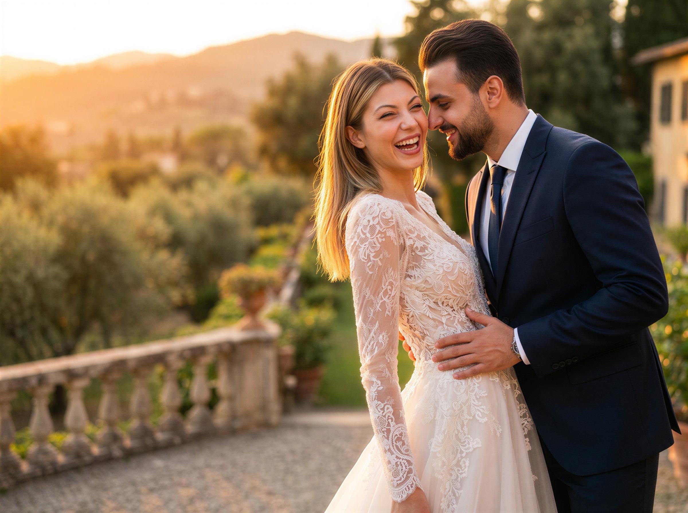 Vogue wedding editorial, romantic couple at golden hour, soft warm lighting, natural candid moment, elegant wedding attire, dreamy atmosphere, luxury outdoor venue, intimate connection, editorial wedding photography, professional bridal quality, magazine cover style