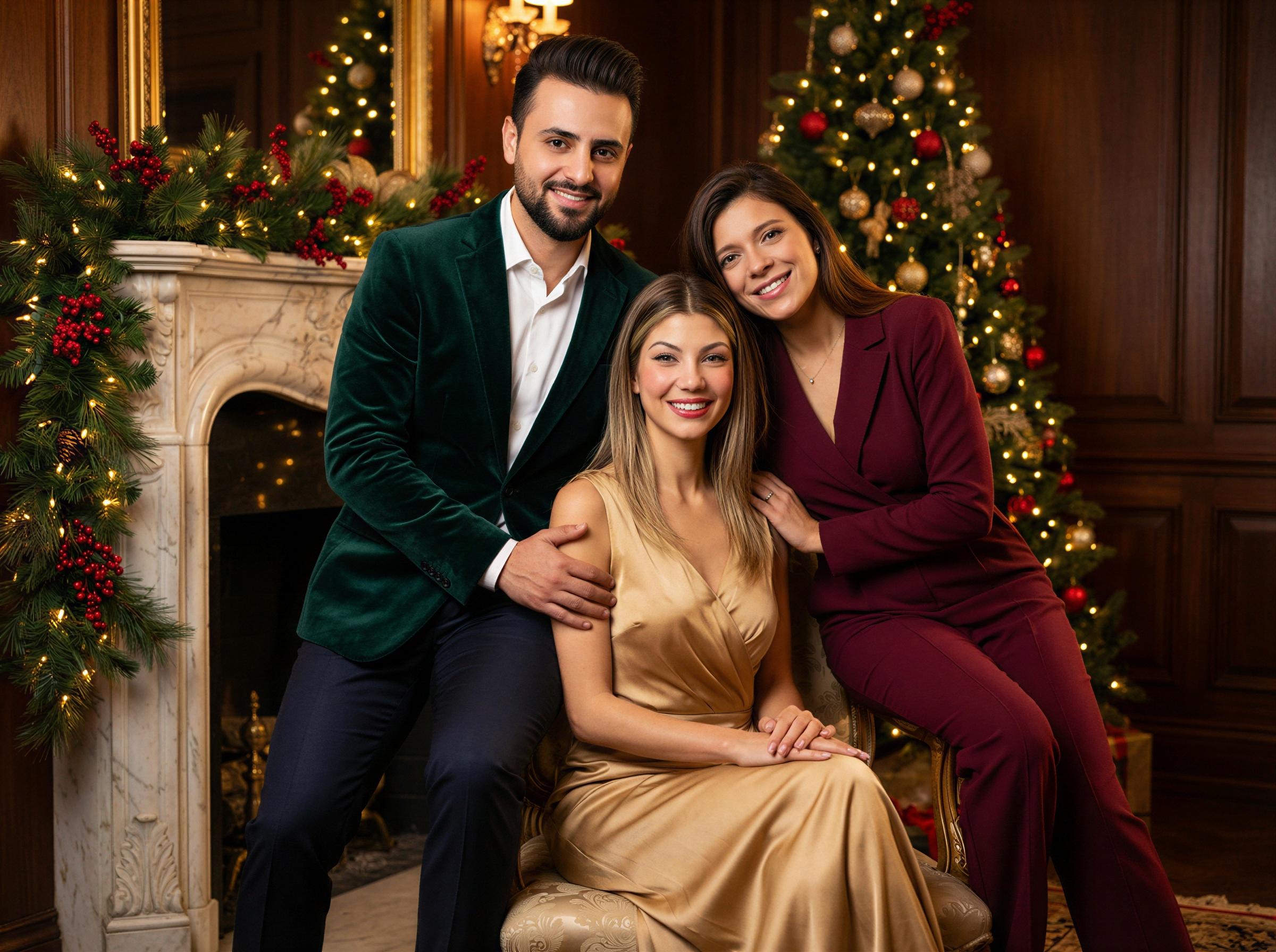 Vogue family editorial, holiday family portrait, festive elegant setting, coordinated sophisticated outfits, joyful atmosphere, warm interior lighting, luxury home decor, magazine quality family photography, seasonal lifestyle editorial