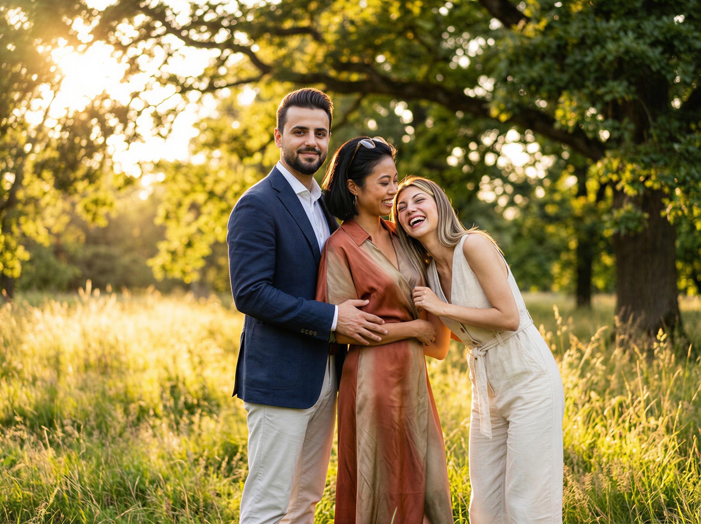 Vogue family editorial, park family photoshoot, golden hour light, playful moments, natural environment, casual elegant attire, editorial composition, authentic connections, professional outdoor photography, magazine quality