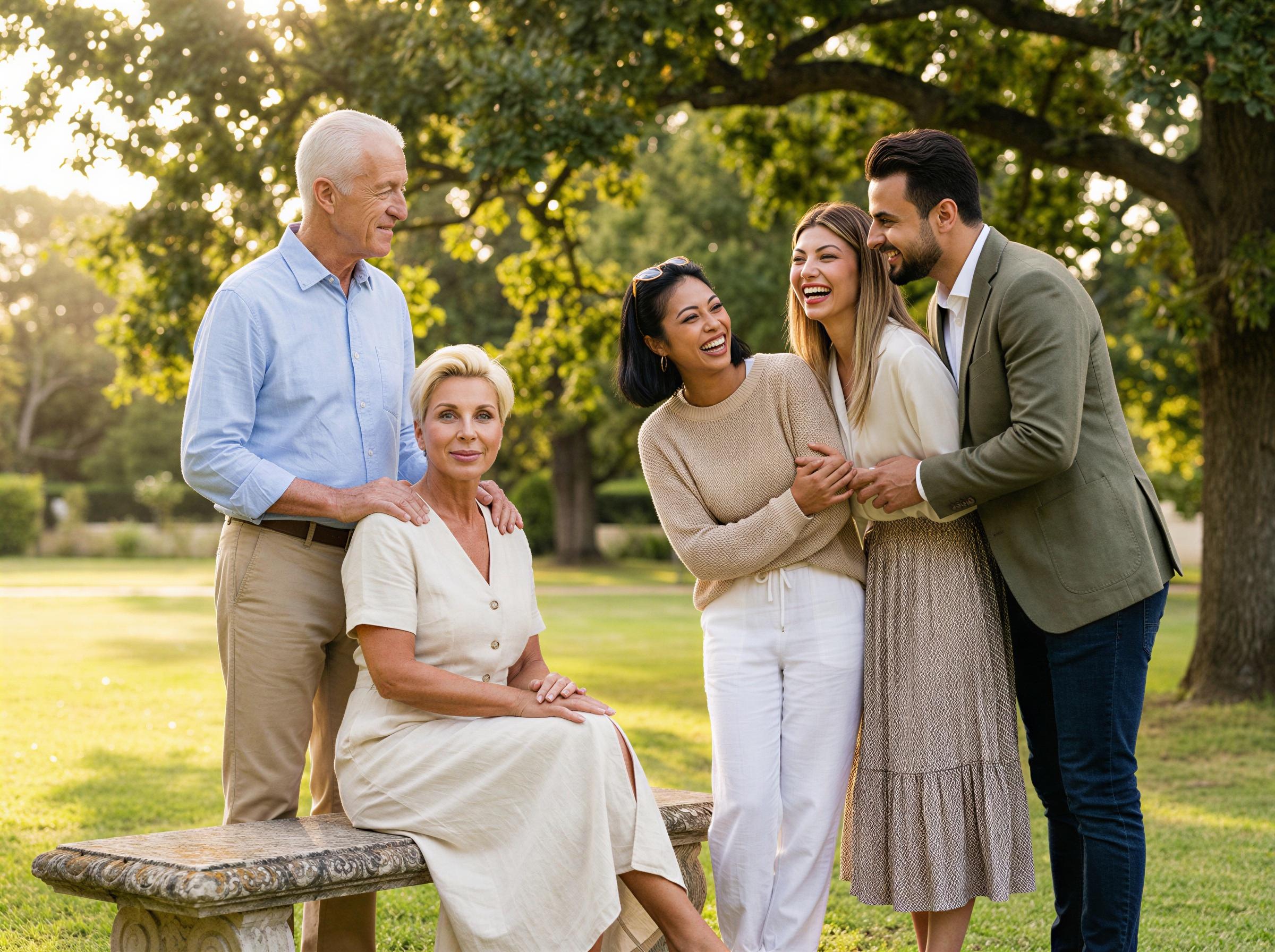 Vogue family editorial, multi-generational family reunion, warm natural light, outdoor park setting, genuine laughter and connection, elegant casual coordinated outfits, joyful atmosphere, professional family photography, magazine quality lifestyle editorial