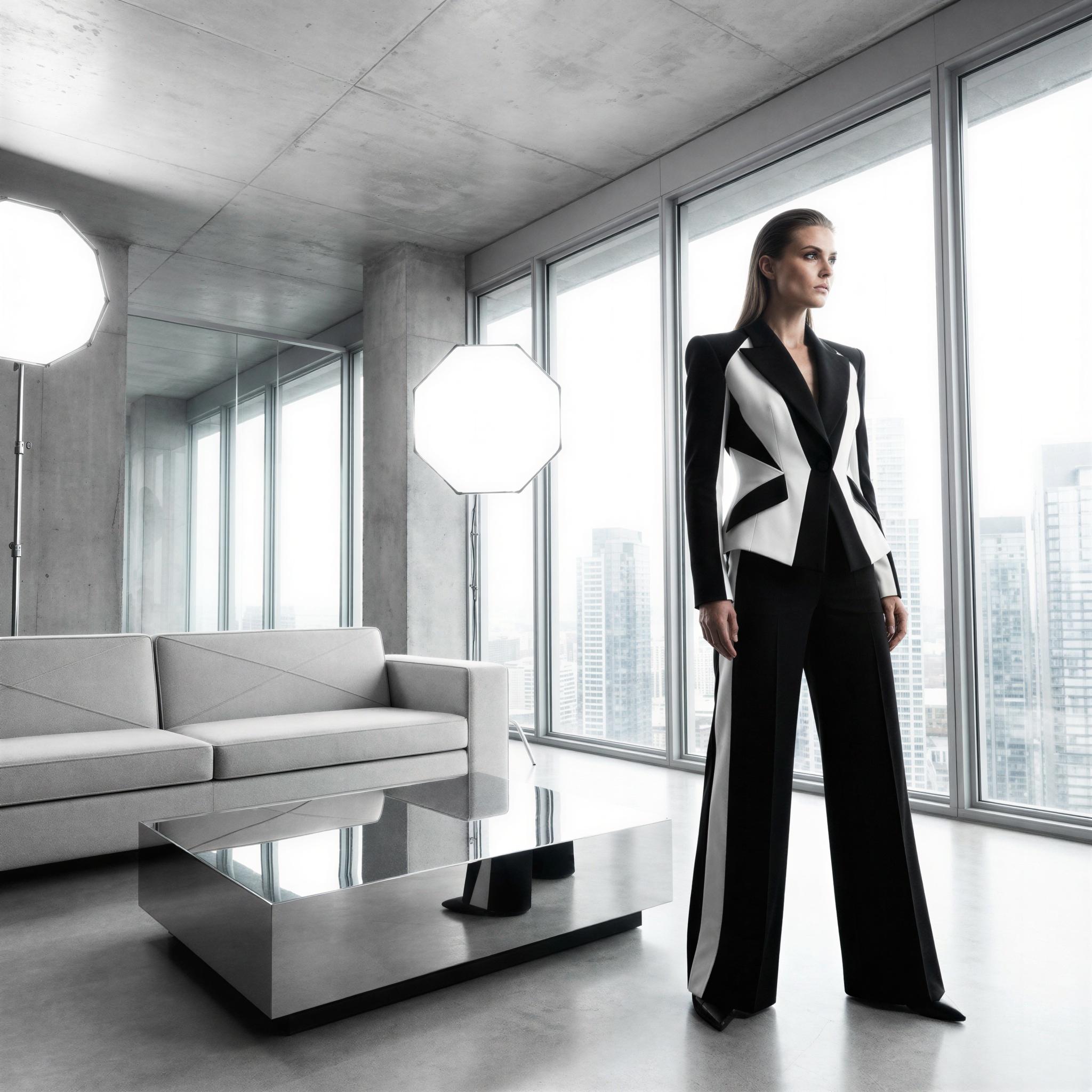 Vogue editorial style, solo fashion shot in ultra-modern luxury penthouse, high-key studio lighting emphasizing clean lines and minimalist decor, confident and aspirational mood, bold contemporary fashion focus, architectural interior framing, sharp focus, high-contrast professional lookbook image