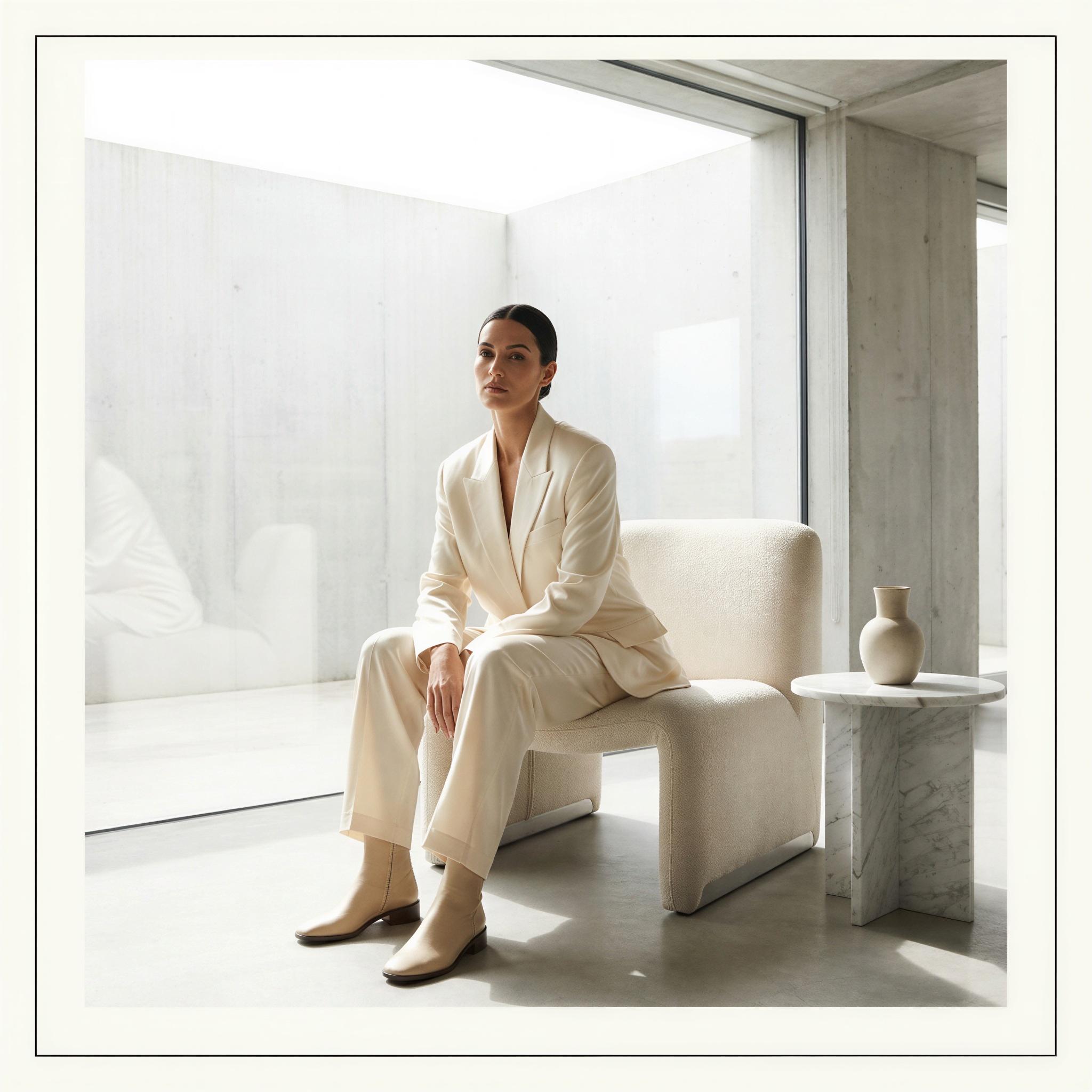 Vogue editorial style shoot, single figure seated in minimalist luxury interior, high-key studio lighting illuminating sleek architectural lines, confident modern pose, aspirational and exclusive atmosphere, sharp focus on texture and silhouette, editorial framing, premium lifestyle magazine quality