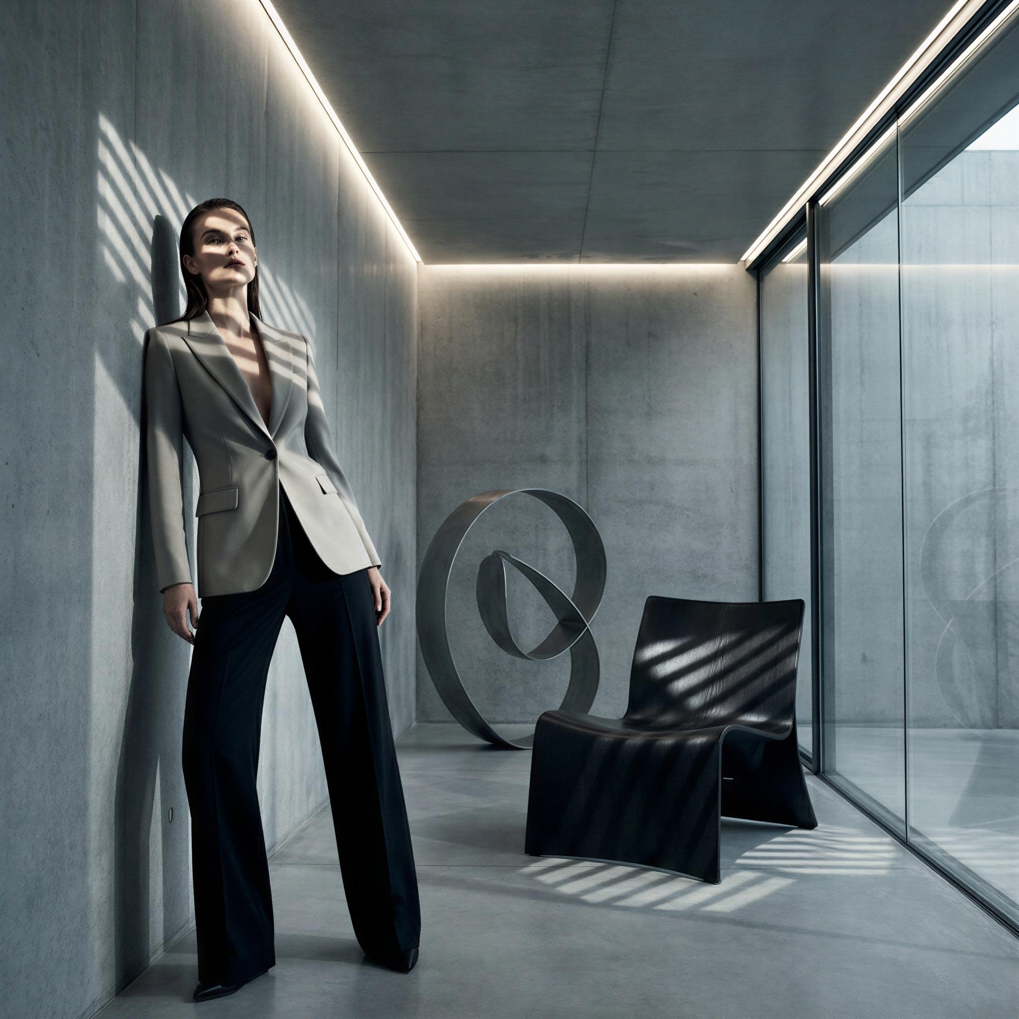 Vogue editorial style, single subject in ultra-modern minimalist luxury interior, stark architectural lighting casting precise geometric shadows, confident high-fashion pose, aspirational clean aesthetic, high contrast and sharp focus, sophisticated and aloof mood, high-end lifestyle lookbook capture, magazine quality detail