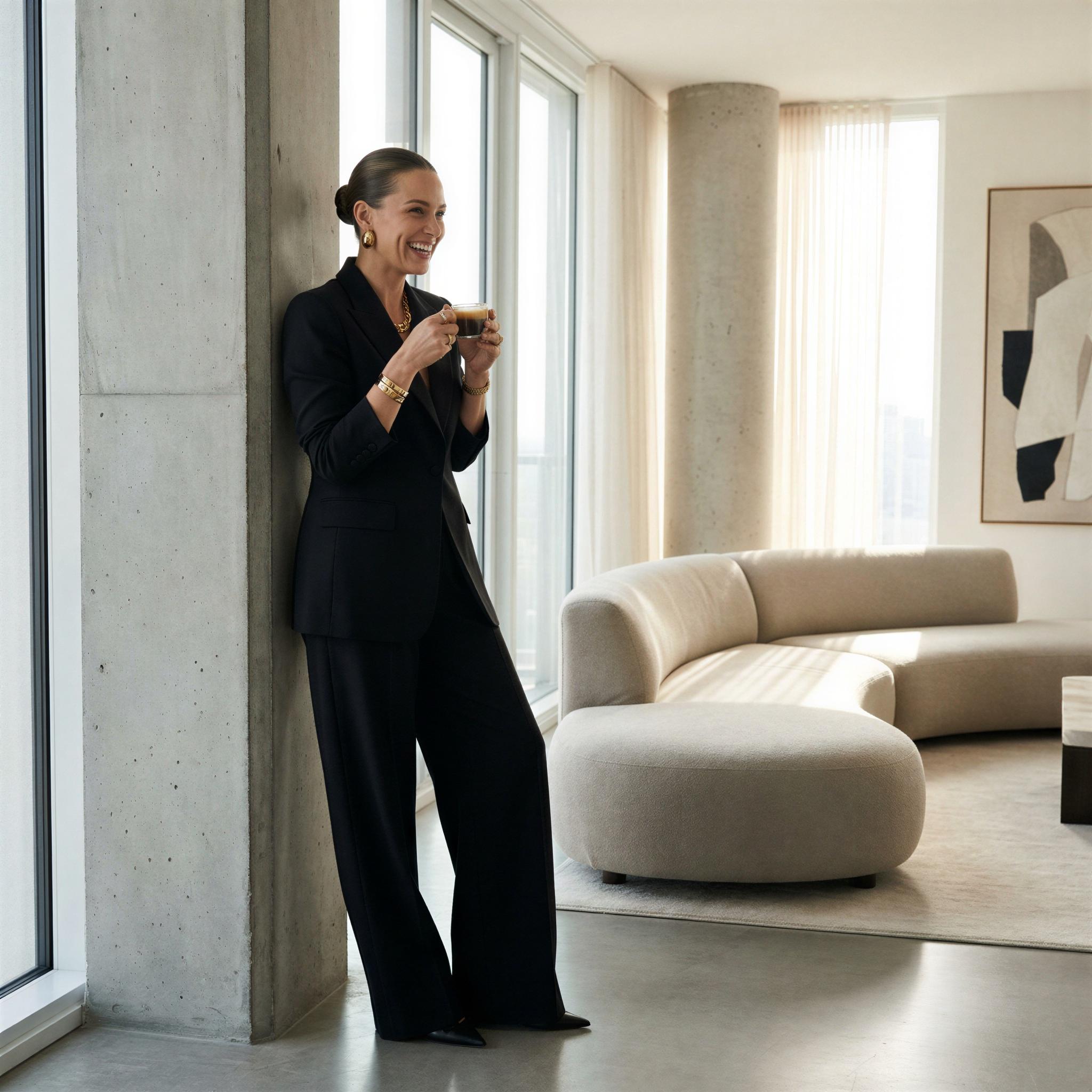 Vogue editorial style shot, single subject capturing confident lifestyle moment in minimalist luxury penthouse interior, bright diffused natural light streaming through floor-to-ceiling windows, high-contrast fashion, contemporary elegance, aspirational mood, sharp focus, architectural framing, high-resolution editorial photography