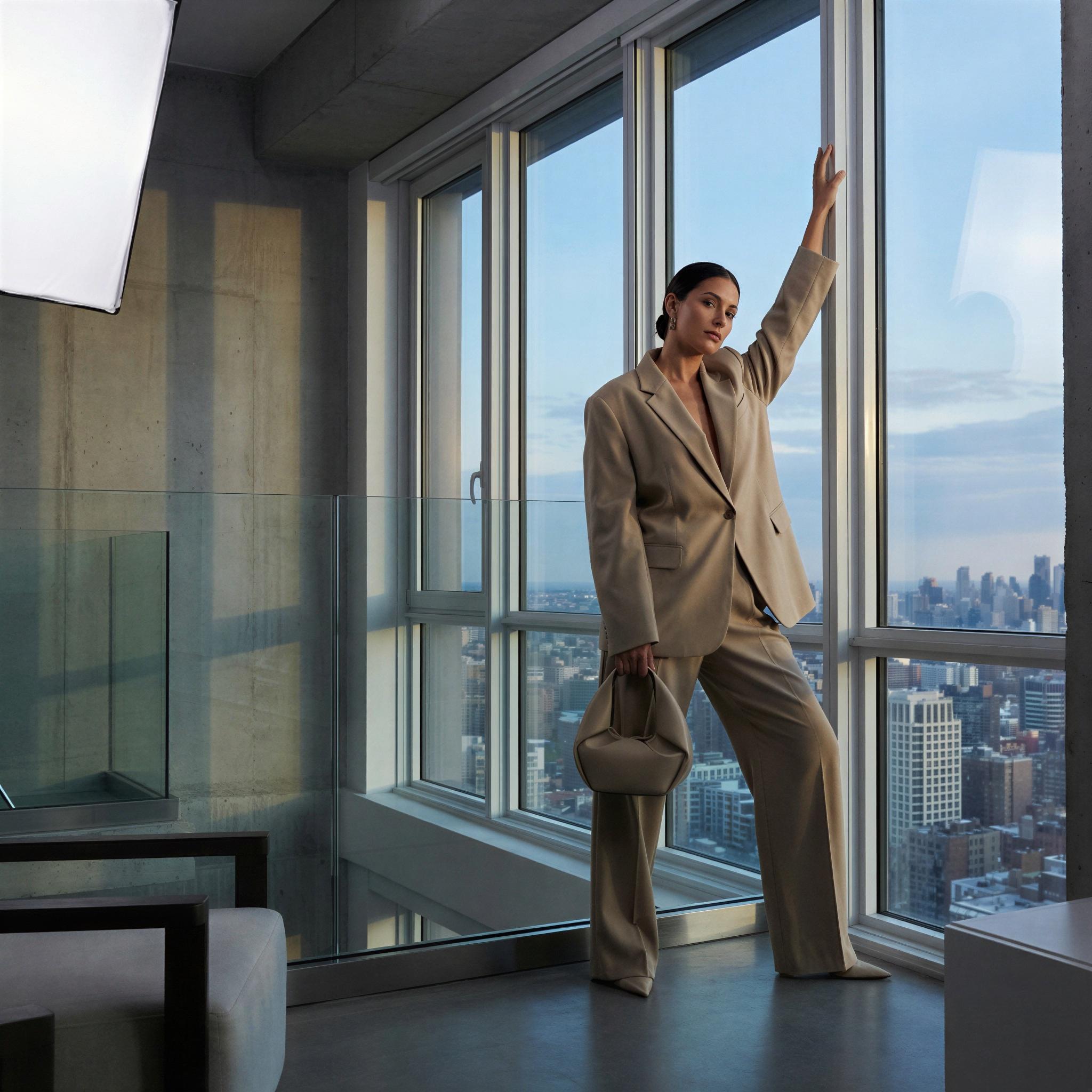 Vogue editorial style, influencer lookbook shoot in minimalist luxury penthouse, soft diffused studio lighting highlighting architectural lines, confident dynamic pose by the floor-to-ceiling window overlooking city skyline, chic modern fashion focus, aspirational elegant tone, high contrast composition, professional high-resolution photography