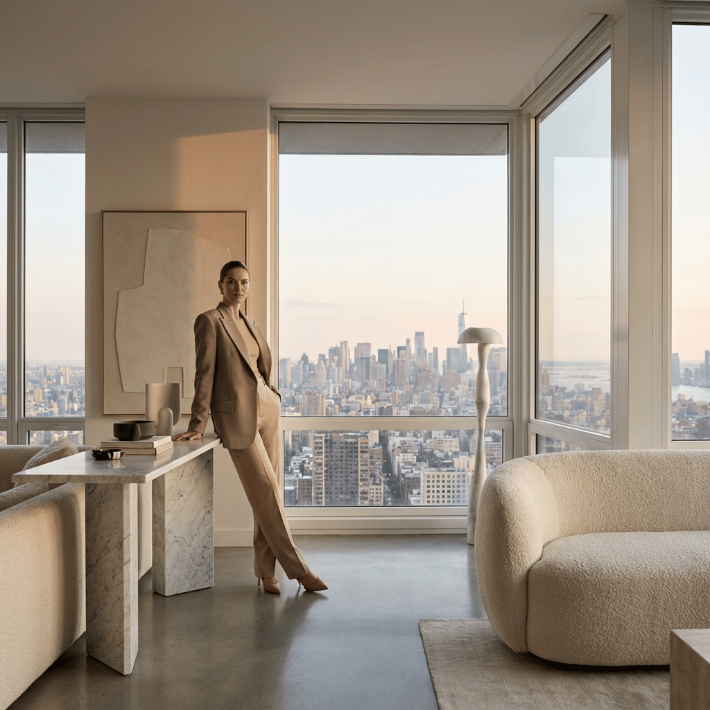 Vogue editorial style, modern luxury penthouse interior, high-key diffused studio lighting emphasizing texture and clean lines, confident sophisticated posing near panoramic city view, aspirational lifestyle atmosphere, minimalist chic decor, sharp focus, high-resolution fashion lookbook capture