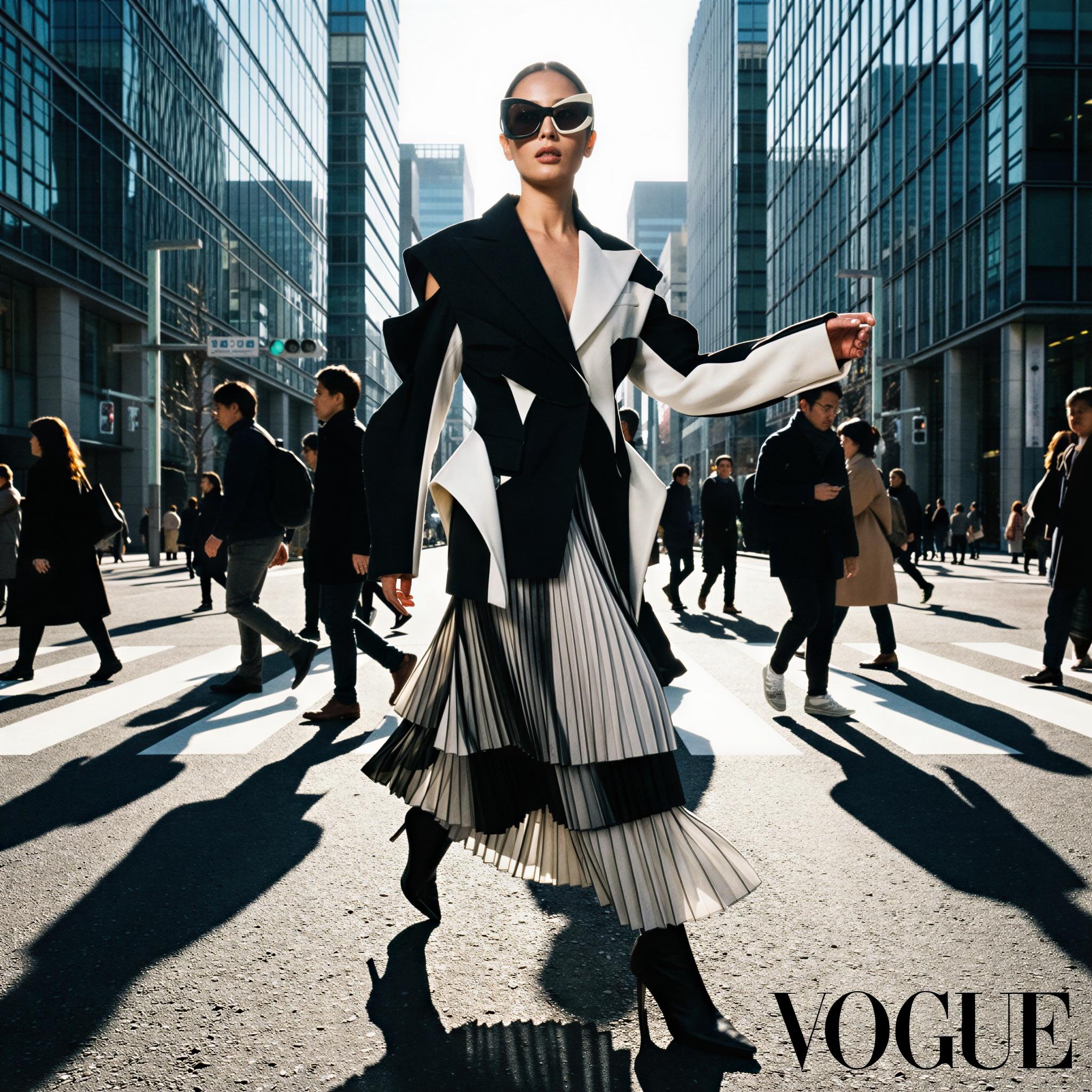 Vogue editorial style, influencer street style shot, dynamic urban cityscape backdrop, high-contrast midday sunlight creating sharp graphic shadows, confident dynamic pose, capturing motion, avant-garde contemporary fashion, energetic and bold mood, full body framing, high-resolution professional lookbook photography