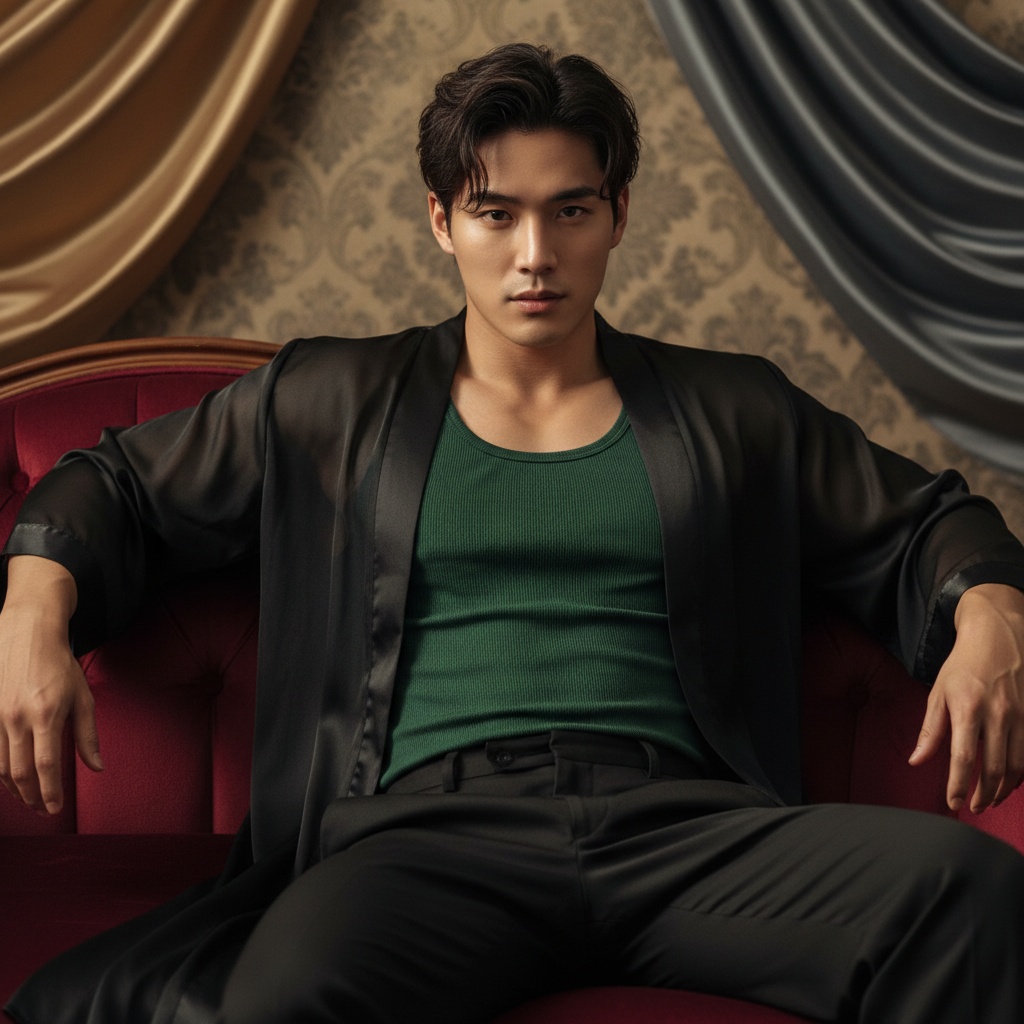 A striking boudoir portrait featuring James, a 22-year-old Asian male, exuding a sophisticated blend of vulnerability and confidence. He is seated on a plush velvet chaise lounge, draped in a sheer black silk robe that falls open to reveal a fitted, deep emerald green tank top. Soft, diffused lighting bathes the scene, creating a warm ambiance that highlights the contours of his strong physique while casting gentle shadows. His hair is tousled effortlessly, and he looks directly into the camera with a smoldering gaze, embodying a modern take on intimacy and allure. The background is softly blurred with rich textures, enhancing the luxurious feel of the boudoir setting while maintaining a focus on James, who radiates relaxed elegance and a charismatic charm.
