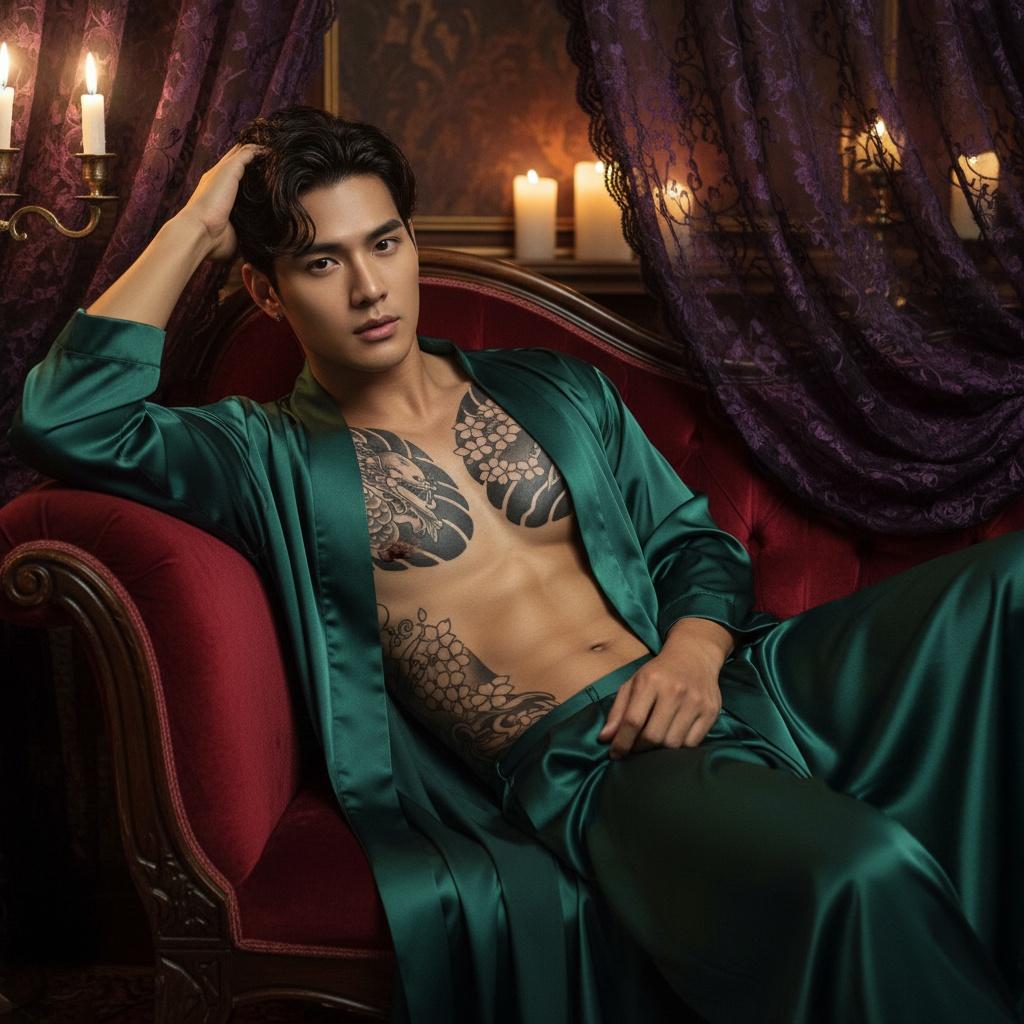 A strikingly handsome Asian male, John, aged 26, exuding an air of mystery and allure in a luxurious boudoir setting. He is clad in an elegant, dark silk robe that softly contrasts against his rich, warm skin tone. The robe falls open slightly, revealing a toned physique adorned with intricate tattoos. The room is bathed in soft, ambient lighting that highlights the contours of his body, creating a sultry, intimate atmosphere. His pose is relaxed yet confident, leaning against a plush velvet chaise lounge, one hand casually running through his hair, eyes smoldering with intensity. The backdrop includes sumptuous fabrics and delicate lace accents, enhancing the overall sensuality and sophistication of the scene, redefining masculinity with a touch of vulnerability and charm.