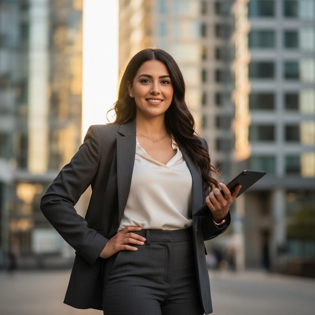 A 25-year-old Middle Eastern woman, Olivia, exudes confidence in a modern corporate environment. She wears a tailored charcoal-grey pantsuit, accented with a silk ivory blouse that subtly peeks at the collar. The blazer is styled with sharp shoulder pads, enhancing her powerful presence. She stands against a backdrop of sleek glass office skyscrapers, her long dark hair cascading in soft waves. With a poised stance, one hand rests gently on her hip while the other holds a smart tablet, accentuating the balance of professionalism and approachability. The lighting casts a warm glow, framing her face beautifully and highlighting her confident expression, embodying the essence of a modern business leader. The composition captures the dynamic energy of corporate life, radiating ambition and sophistication.
