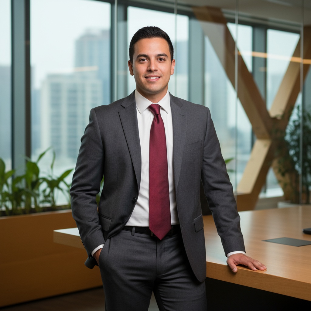 A 25-year-old male, Michael, of Latin descent, exudes confidence in a modern corporate setting. He is dressed in a tailored charcoal grey suit, featuring sharp lapels and a crisp white dress shirt, complemented by a silk burgundy tie. The background is a minimalistic office space with glass walls and sleek wooden accents, enhancing the sense of professionalism. Michael stands with one hand in his pocket and the other resting casually on a nearby desk, his posture is relaxed yet assertive. A soft, diffused lighting creates an inviting warmth, highlighting the clean lines of his suit and the natural contours of his face. His expression is one of determination and approachability, projecting the essence of contemporary corporate leadership.