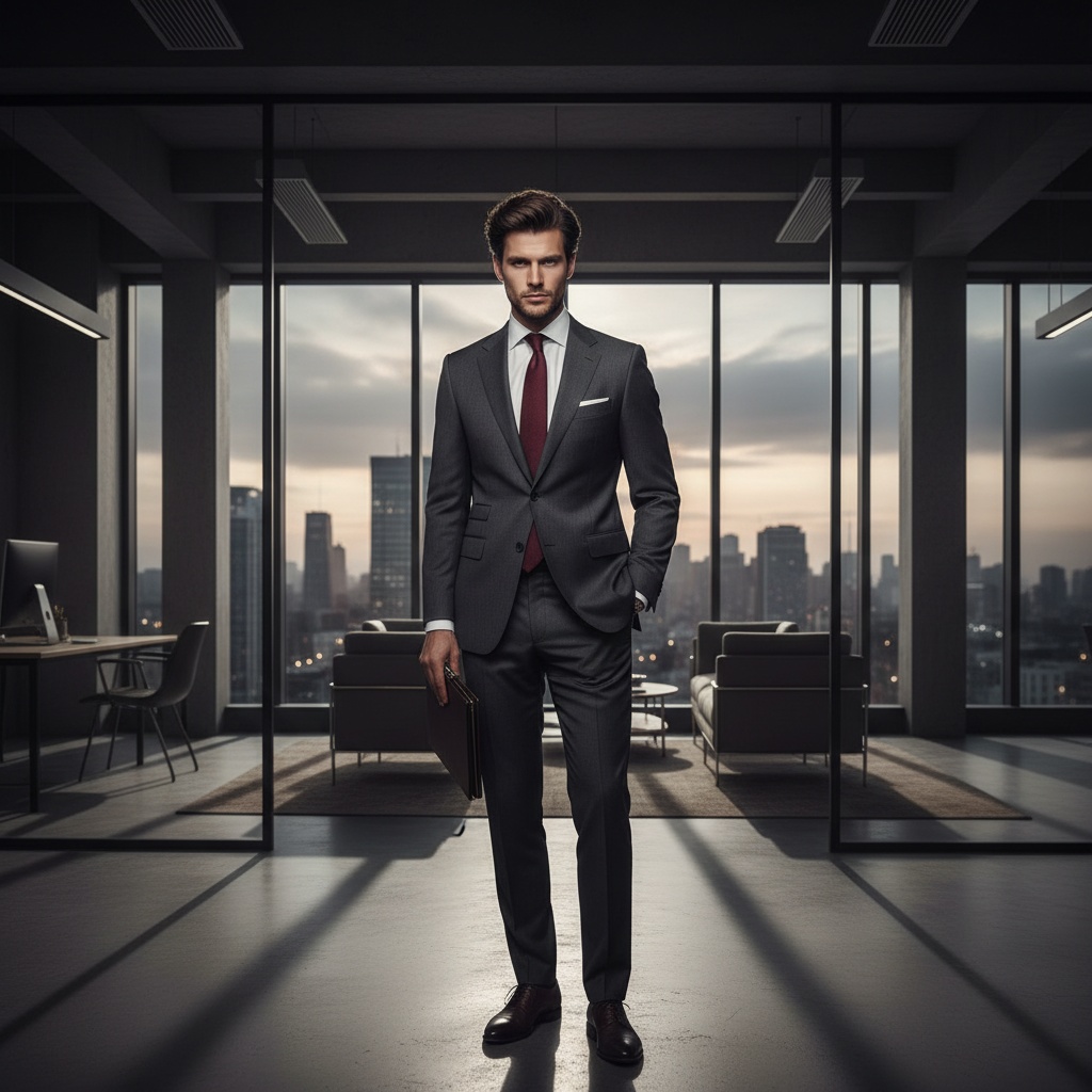A sophisticated male figure, James, aged 29, embodies the essence of modern corporate elegance. Dressed in a tailored charcoal grey suit made from luxurious Italian wool, his crisp white shirt peeks out beneath a sleek, silk tie in a deep burgundy hue. His posture is strong and assertive, one hand resting casually in his pocket while the other holds a leather portfolio. With tousled dark hair and a clean-shaven face, he projects an air of confidence and determination. The background features an upscale office environment, complete with floor-to-ceiling windows revealing a vibrant city skyline, softly diffused natural light spilling across the scene, creating a dynamic interplay of shadows. The composition captures the intersection of ambition and sophistication, positioning him as a key player in the corporate landscape.