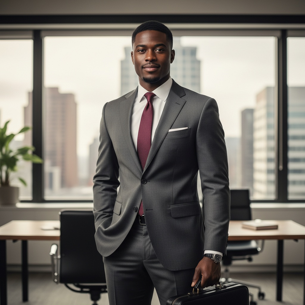 A striking portrait of a 29-year-old Black male professional, David, exuding confidence and authority in a corporate setting. He is dressed in a tailored charcoal grey suit made from fine wool, featuring sharp, narrow lapels and intricate stitching details. A crisp white shirt peeks from beneath his fitted jacket, complemented by a deep merlot silk tie with a subtle pattern, adding a touch of personality to his ensemble. His posture is commanding yet approachable, with one hand relaxed in his pocket while the other holds a sleek leather briefcase. The backdrop is a modern office space adorned with minimalist furniture and large windows reflecting the cityscape beyond. The light streams in softly, creating a warm yet professional atmosphere that accentuates his strong features and polished look, perfectly capturing the essence of contemporary corporate sophistication.