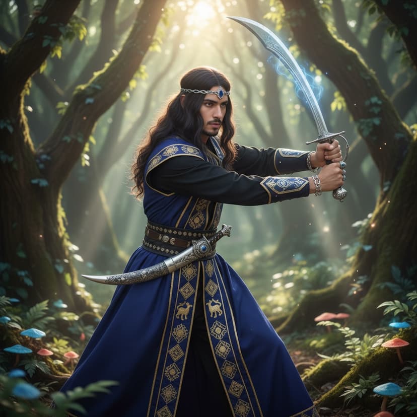 A 27-year-old male, James, role-playing in an elaborate fantasy cosplay outfit inspired by a mythical Arab warrior. He is dressed in a flowing, deep blue kaftan adorned with intricate gold embroidery, layered over a fitted black undergarment. His accessories include a wide ornate belt with a jeweled dagger and delicate silver jewelry that glimmers in the light. His hair is styled long and wavy, adorned with a silver circlet, emphasizing a regal presence. The setting is an enchanted forest, with ethereal lighting filtering through the trees, creating a dreamlike atmosphere. The pose captures him mid-action, wielding a beautifully crafted sword, exuding strength and heroism. The composition draws on the rich visual storytelling of high fantasy, evoking a sense of adventure and grandeur.