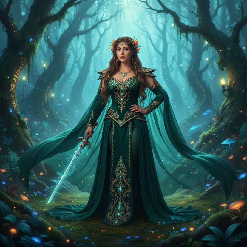 A 29-year-old Latin woman, Sarah, in a vibrant fantasy cosplay, embodying a fierce warrior queen. She wears an intricately detailed fitted bodice made of shimmering emerald-green velvet, adorned with golden accents and a dramatic flowing cape that dances with her every movement. Her long, wavy hair cascades down her back, intertwined with floral elements and jewels. The backdrop is a mystical enchanted forest, alive with softly glowing lights and ethereal mist, enhancing the fantastical atmosphere. Her pose is powerful, with one hand on her hip and the other holding a jeweled sword, exuding confidence and strength. The image captures a sense of magic and otherworldliness, evoking the allure of enchanting fairy tales. ROLE-PLAYING, HYPER-REALISTIC.