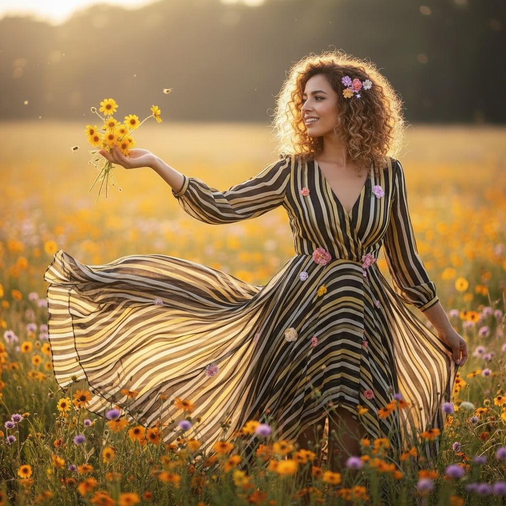 Jane, a striking 35-year-old Arab female figure, is captured in a vibrant, sun-kissed outdoor setting that embodies the lively spirit of a bumblebee among blooming wildflowers. She wears a bold, black-and-yellow striped asymmetrical dress made of soft chiffon, billowing in the gentle breeze, with intricate embroidery and delicate floral accents. Her honey-colored curls frame her face, adorned with whimsical floral hairpins glistening in the sunlight. Standing with one arm gracefully extended, she invites the blossoms to her amidst the warm hues of the late afternoon sun. The composition follows the rule of thirds, with soft bokeh in the background, focusing attention on her joyful and magnetic presence, radiating the essence of nature and femininity.