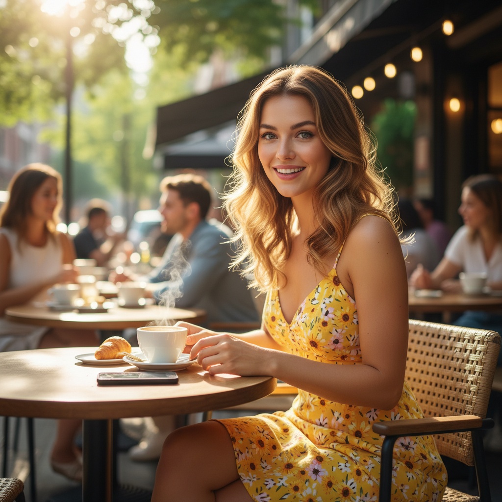 A 29-year-old female named Olivia, embodying the playful spirit of Bumble, sits elegantly at a chic café table. She wears a vibrant yellow sundress accented with delicate floral patterns, suggesting warmth and optimism. Her hair flows in soft waves, framed by a sun-kissed glow, while a flirtatious smile plays on her lips. The setting exudes a lively energy, with buzzing conversation and gentle sunlight filtering through trees, creating dappled patterns on her skin. The imagery captures a quintessentially modern, romantic atmosphere, celebrating connection and joy in the digital age.