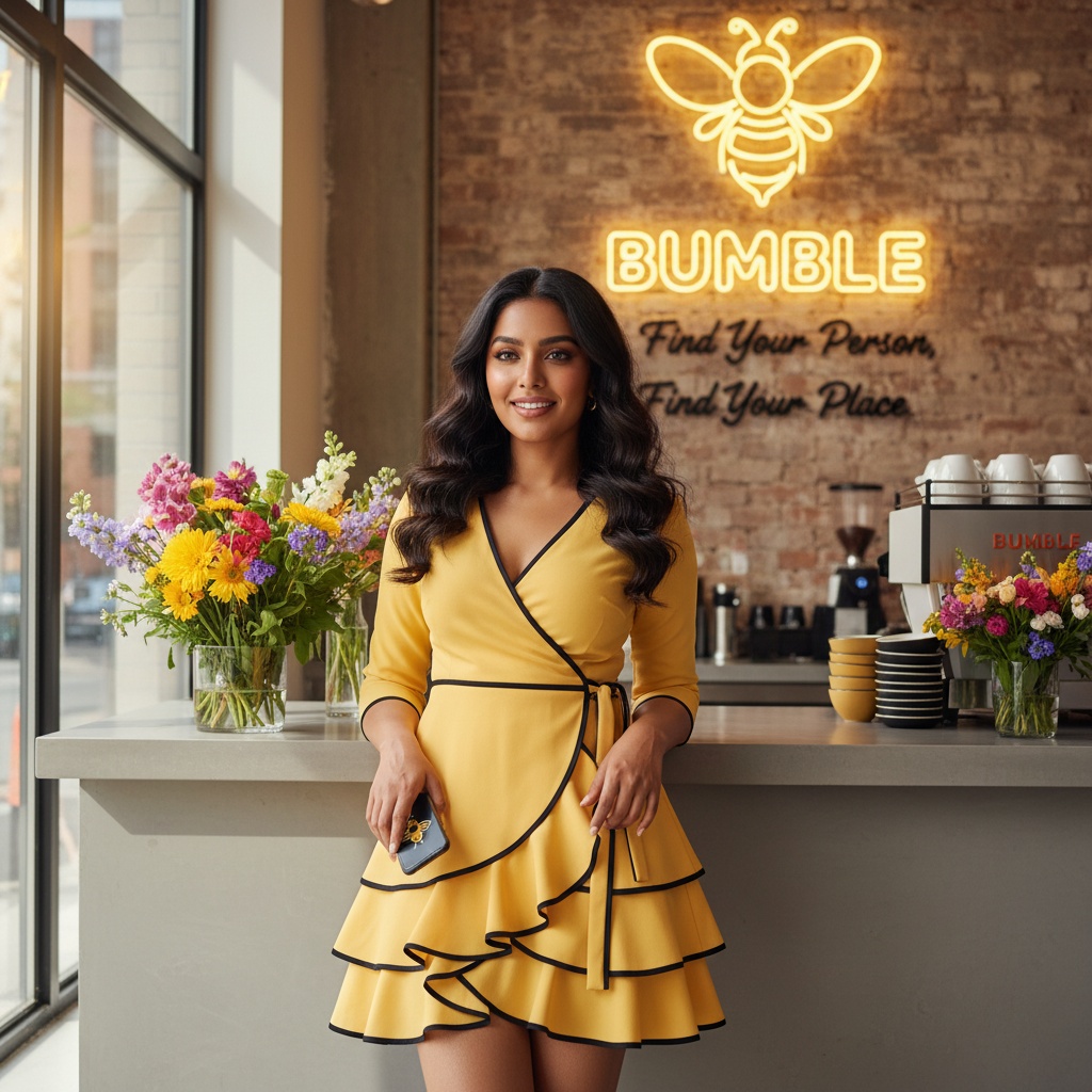 A striking 22-year-old Indian woman, Sarah, portrayed in a vibrant, modern Bumble-themed editorial setting. She wears a flirty yellow wrap dress with playful ruffles and accents of bold black, embodying the colors of the Bumble brand. Her hair cascades in loose, glossy waves around her shoulders, and her makeup features warm tones with a focus on golden highlights that shimmer under soft, natural lighting. Posing confidently, she leans against a stylish café backdrop adorned with floral arrangements and coffee cups, exuding a lively and approachable aura. The composition captures her vibrant energy and the essence of discovering connections in a lively urban atmosphere.