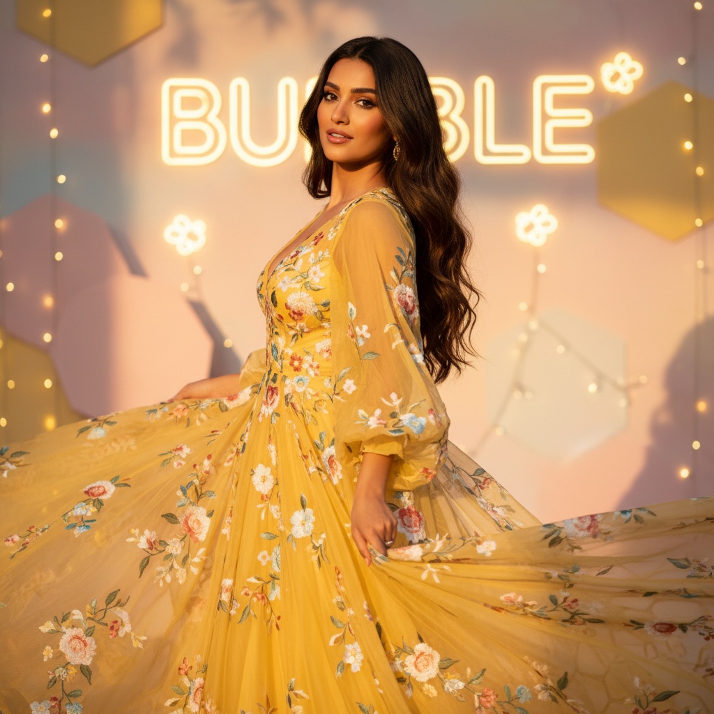 A stunning 23-year-old Arab woman named Olivia, embodying the spirit of a modern-day queen, captured in an editorial setting inspired by Bumble. Dressed in a vibrant, flowing yellow chiffon dress adorned with intricate floral embroidery, the gown dances around her as she poses confidently. The backdrop features a warm, inviting atmosphere filled with soft pastel hues and delicate twinkling lights, evoking the essence of connection and vibrancy. Her long, wavy hair frames her face elegantly, while her glowing skin hints at the warmth of the setting sun. Olivia's piercing gaze exudes charisma and charm, perfectly capturing the playful yet sophisticated nature of the Bumble experience. The composition uses golden hour lighting to enhance her features and create a dreamy ambiance that resonates with warmth and approachability.