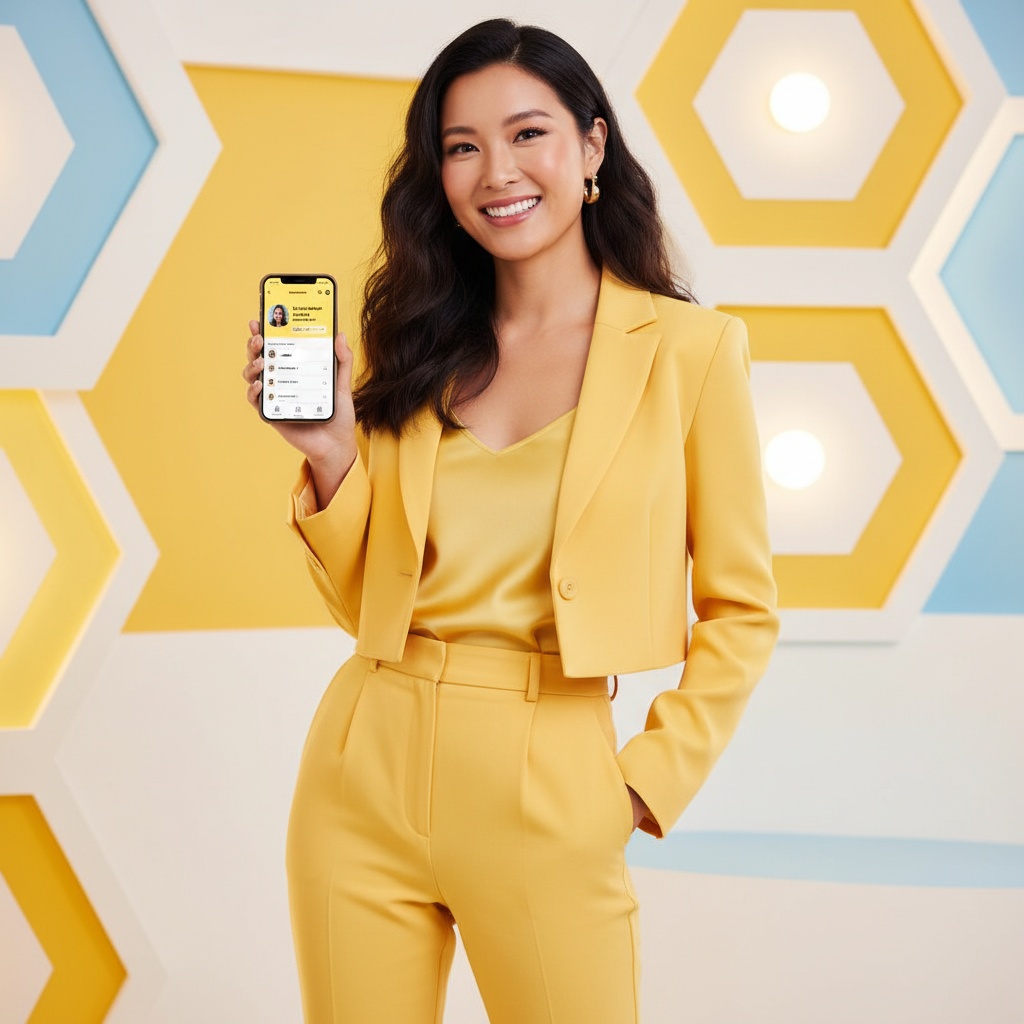 A vibrant scene featuring a 26-year-old Asian woman, Jane, embodying the essence of Bumble in a modern, chic editorial setting. Dressed in a playful yet sophisticated ensemble—a tailored yellow suit accented with flared trousers and a cropped blazer, complemented by a matching sleek silk camisole beneath. Her hair is styled in soft waves cascading over her shoulders, framing a confident, radiant smile. The backdrop is infused with elements of the Bumble app's branding: honeycomb patterns and bright promotional colors, evoking a sense of community and connection. Jane holds a smartphone displaying the Bumble app, embodying empowerment and the joy of modern dating. The lighting is bright and inviting, capturing the warmth and positivity of the experience. The composition incorporates an engaging angle that draws the viewer's eye towards Jane while maintaining a sense of playful sophistication, making it perfect for a fashion-forward editorial.