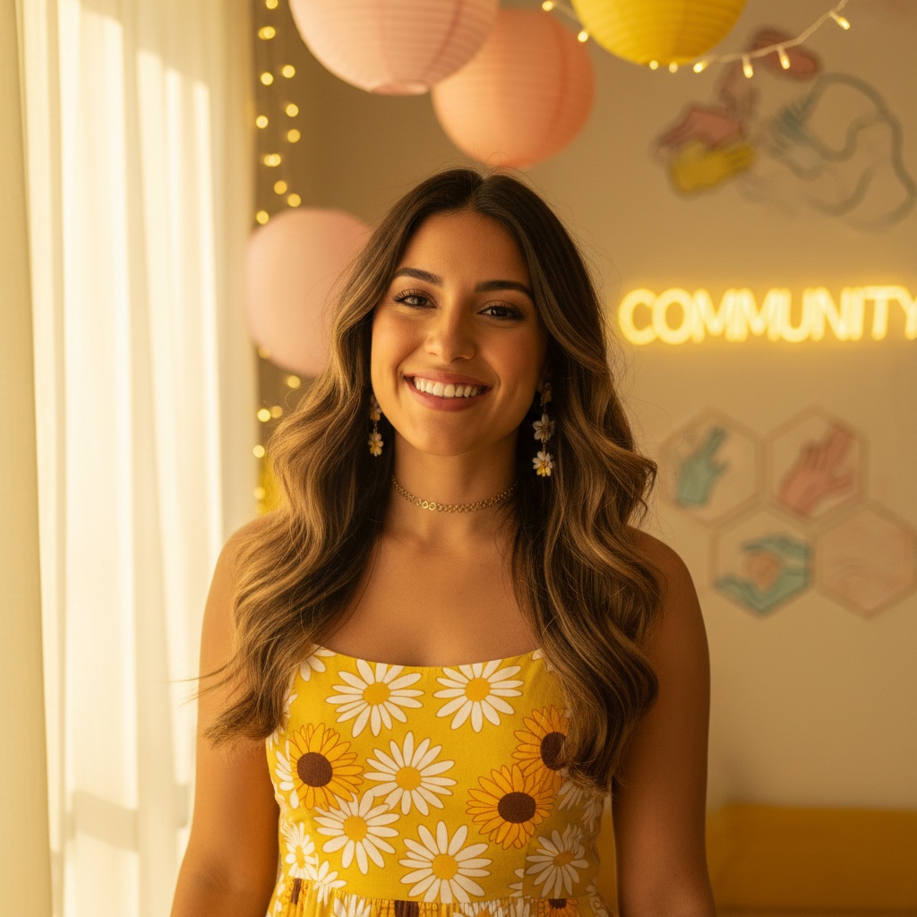 A stunning 23-year-old Latin woman, Olivia, is captured in a vibrant and lively setting inspired by Bumble's signature color palette of warm yellows and soft pastels. She wears a playful, fitted sundress adorned with floral patterns, complemented by a delicate choker and dangling earrings. Her hair, styled in loose waves, frames her face, embodying a sense of youthful energy and confidence. Olivia's playful smile engages the lens, while soft, golden lighting bathes her, creating a warm, inviting atmosphere. The background features whimsical decor elements that echo the theme of connection and friendship, encapsulating the essence of community that Bumble represents.