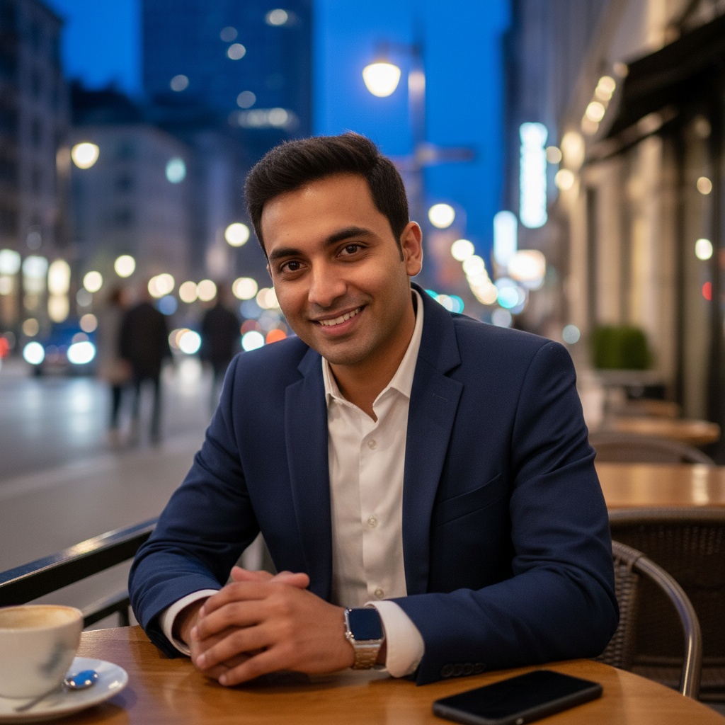 A 23-year-old Indian male, David, is seated at a chic café table, exuding effortless charm and confidence. He wears a tailored navy blazer over a crisp white shirt, with the sleeves rolled up for a relaxed yet sophisticated look. The background features a vibrant urban setting with twinkling lights, suggesting an intimate evening atmosphere ideal for a date. His posture is open and inviting, leaning slightly forward with a warm smile, showcasing a playful yet genuine demeanor that connects with the viewer, capturing the essence of modern romance and the excitement of dating in a bustling city. The soft, ambient lighting accentuates the warmth in his expression, creating an inviting scene that evokes a sense of connection and possibility.