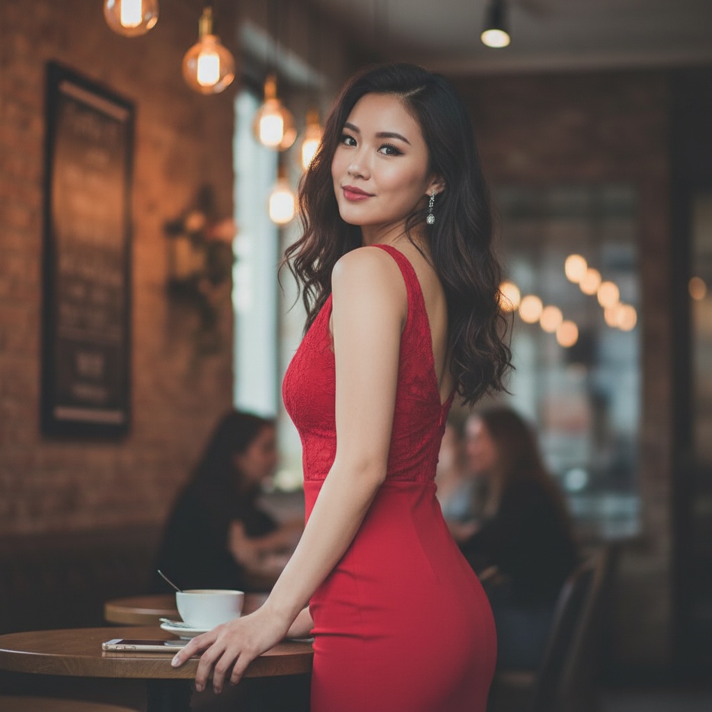 A captivating portrait of a 28-year-old Asian woman, Sarah, embodying the excitement of a contemporary dating scenario. She is dressed in a form-fitting, elegant red midi dress with delicate lace details and a plunging neckline, perfectly accentuating her silhouette. Her hair cascades in soft waves over her shoulders, framing her face with a natural glow. The setting is an intimate urban café with warm ambient lighting that creates a romantic atmosphere. Sarah’s expression is playful yet confident, as she glances coyly over her shoulder. The composition emphasizes her vibrant energy and the thrill of connection, capturing a moment filled with potential and allure.
