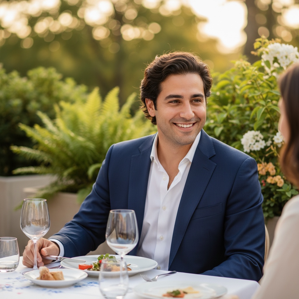A charismatic 29-year-old Middle Eastern man, John, captured in an intimate outdoor dining setting, embodying the essence of modern romance. Dressed in a tailored navy suit with a crisp white shirt, the sunlight casts a warm glow, highlighting the delicate floral patterns on the tablecloth. A soft breeze tousles his dark, wavy hair as he smiles warmly at his date, exuding charm and confidence. The background is alive with vibrant greenery, creating a lush, inviting atmosphere. The composition focuses on the connection between the couple, with lush bokeh effects enhancing the moment’s intimacy, perfectly reflecting the joy and excitement of dating. This image evokes feelings of warmth, connection, and the thrill of new beginnings.
