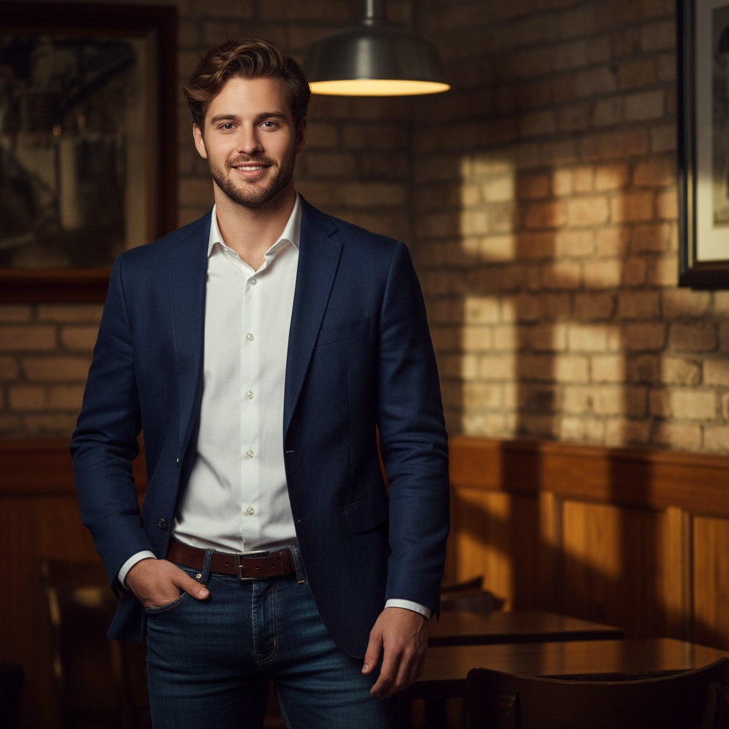 A charismatic young man, John, aged 26, epitomizing casual elegance in a chic urban dating setting. He is wearing a tailored navy linen blazer over a crisp white shirt, with dark denim jeans that enhance his striking physique. The backdrop is a cozy café with warm ambient lighting, where soft shadows dance across the textured walls. John's relaxed posture, with one hand thoughtfully tucked into his pocket, conveys a blend of confidence and approachability. His tousled hair and well-groomed beard add a youthful charm, while a subtle smile hints at both warmth and intrigue. The image captures the essence of modern romance, evoking nostalgic yet contemporary vibes reminiscent of a classic date scene. The overall composition balances simplicity with sophistication, illuminated by dramatic chiaroscuro lighting that highlights his features.