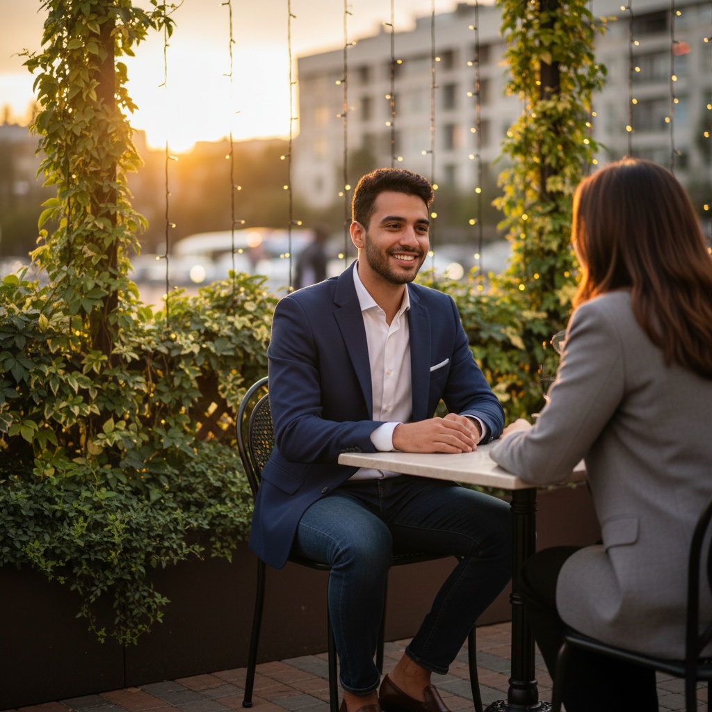 A charismatic young Arab man, Michael, aged 24, seated at a chic outdoor café table during golden hour, embodying the essence of contemporary romance and effortless style. He is dressed in a tailored navy blazer over a crisp white shirt, with the ensemble complemented by dark jeans and stylish loafers. The warm sunlight casts a gentle glow, reflecting off his confident smile as he leans slightly forward, engaging with his date seated across from him. The atmosphere is vibrant yet intimate, with lush greenery framing the scene and twinkling fairy lights in the background, creating a dreamy, romantic mood that evokes the excitement of modern dating.
