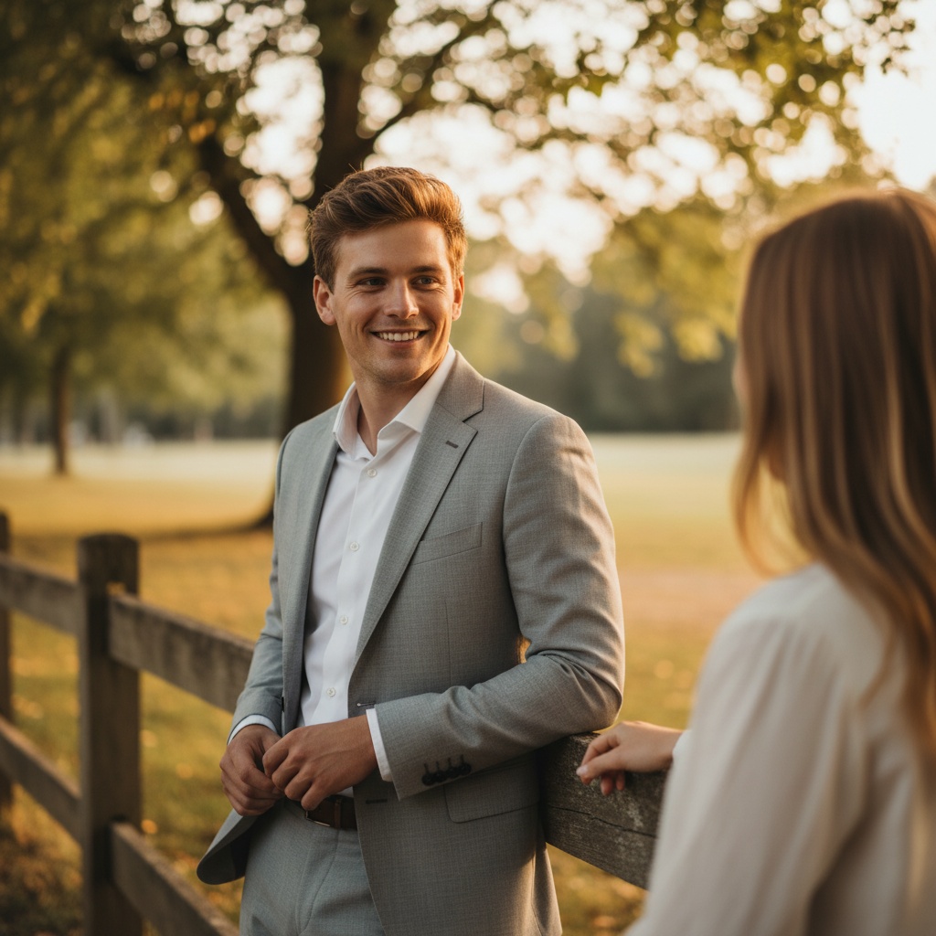 A stylish 26-year-old white male, James, is captured in an intimate outdoor dating scene during golden hour. He wears a tailored light grey linen suit with a crisp white shirt, the sleeves slightly rolled up for a relaxed yet polished vibe. Leaning casually against a rustic wooden fence, he engages in conversation with a female date, his expression warm and inviting. Sunlight filters through the leaves, casting dappled shadows on his face, highlighting his confident smile and tousled hair. The soft, romantic atmosphere evokes the essence of modern romance, portraying the allure and excitement of a first date in a picturesque park setting.