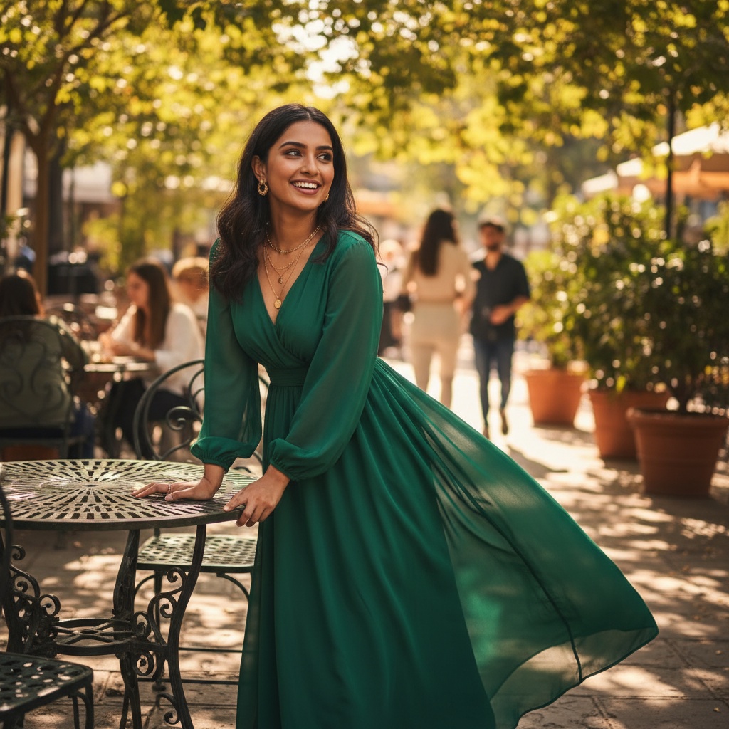 A 24-year-old Indian woman, Olivia, captures the essence of a vibrant dating scene in a chic outdoor café setting. She wears a lightweight, form-fitting emerald green dress made of chiffon, fluttering delicately with the breeze. Layered gold necklaces drape gracefully around her neck, and matching earrings delicately frame her face, which glows with a soft, natural makeup look. Olivia leans casually on a wrought iron table, a playful smile illuminating her features as she gazes off-camera, embodying a sense of hope and excitement for new connections. The soft afternoon sunlight filters through leafy trees, creating dappled shadows on the ground, adding to the romantic atmosphere of the moment.