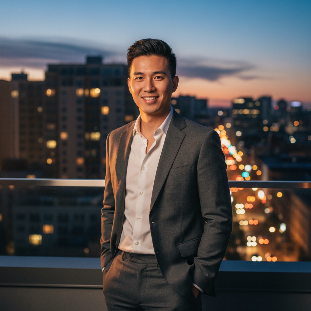 A 27-year-old Asian male, John, is captured in a contemporary urban setting reminiscent of a Hinge app vibe, showcasing his modern style and charisma. He wears a tailored, charcoal grey suit with a crisp white shirt and no tie, projecting a blended sense of approachability and sophistication. The background features a softly lit cityscape at twilight, with faint hints of bustling nightlife enhancing the romantic vibe. His body language exudes casual confidence, with one hand casually placed in his pocket and a warm smile directed towards the camera, inviting connection. The lighting is warm and inviting, highlighting his features and creating an atmosphere of intimacy and engagement that fits the theme of modern dating. This image blends fashion with personality, suitable for a contemporary editorial on relationship dynamics.