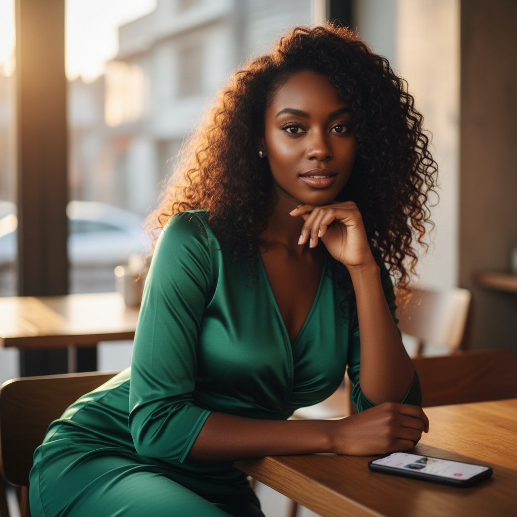 A stunning 29-year-old Black woman, Jane, is captured in an intimate, editorial-style portrait that embodies the modern essence of dating in the digital age. She is dressed in a sleek, form-fitting emerald green dress made from satin that elegantly flows to her knees, hugging her silhouette gracefully. Her hair is styled in soft, natural curls cascading over her shoulders, framing her expressive face. The background is a softly blurred café setting, illuminated by warm golden hour light filtering through large windows, evoking a sense of warmth and openness. Jane's pose is relaxed yet confident, leaning slightly against a table, one hand resting on her chin while her gaze meets the camera with a subtle, inviting smile. The atmosphere feels both romantic and contemporary, capturing the essence of modern love and connection, perfect for a Hinge-inspired narrative.