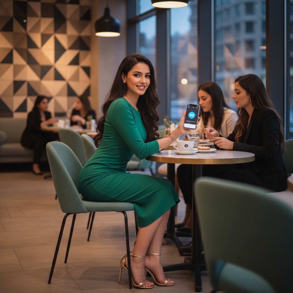 A stunning Arab woman, Jane, aged 27, is portrayed in an urban Hinge setting, sitting elegantly at a modern café. She is dressed in a chic, form-fitting emerald green midi dress that hugs her curves, paired with strappy gold heeled sandals. Her long, dark hair cascades in soft waves over her shoulders, beautifully framing her face. The café backdrop features contemporary decor with warm lighting and stylish patrons, creating a vibrant, inviting atmosphere. Jane’s pose is confident yet approachable, leaning slightly forward with a warm smile, embodying the essence of modern romance and connectivity in the digital age. The image captures both her allure and the lively ambiance around her, emphasizing contemporary dating culture.