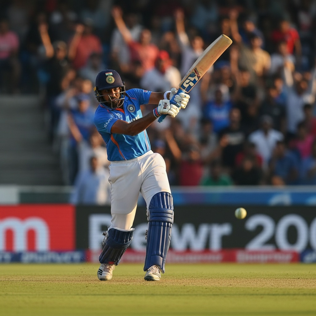 A 23-year-old Indian male named Michael, captured in the heat of a competitive cricket match. He is in mid-action, swinging his bat with a determined expression, showcasing athleticism and focus. Dressed in a vibrant blue cricket jersey and white trousers, he stands on a lush green field, surrounded by spectators in the background. The golden hour sunlight casts dramatic shadows, enhancing the intensity of the moment. The image conveys the thrill of sport and the passion of youth, embodying the spirit of competition. The composition captures the movement and energy of the match, making it feel dynamic and alive.