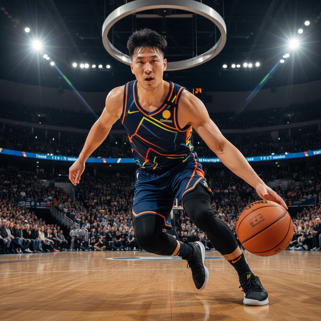 A dynamic scene showcasing a 28-year-old Asian male, David, captured in the heat of a match on a vibrant basketball court. Dressed in a fitted, sleeveless jersey with bold, contrasting colors that highlight his athletic physique, he displays intense focus as he dribbles the ball with precision. The background features a packed crowd and bright arena lights, creating a thrilling atmosphere. His expression conveys determination and ambition, embodying the spirit of competition. The composition utilizes a low-angle shot, emphasizing his stature and movement, while the action is frozen in time, highlighting the power and grace of the sport.