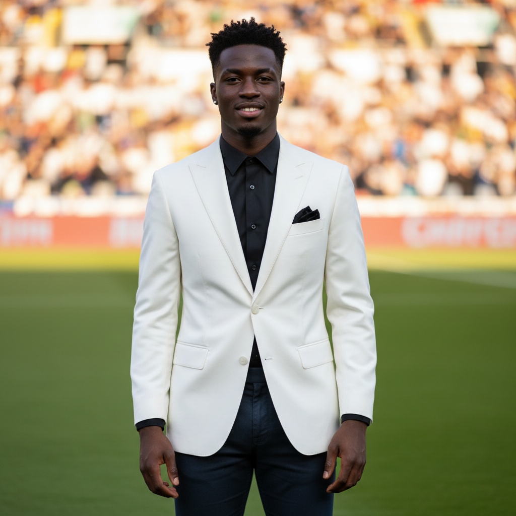 A striking portrait of James, a 26-year-old Black male, exuding confidence and charisma as he stands poised on a vibrant match field. Dressed in a crisp, white tailored blazer over a black pocket square and fitted dark trousers, he blends elegance with athleticism. His strong jawline is complemented by a subtle smile, while his hair is styled in a modern fade. The background is a blur of cheering crowds and vivid colors, capturing the exhilarating atmosphere of a match day. The sunlight casts a golden glow, enhancing the dramatic tension and bringing forth an aura of triumph. This image not only highlights James's fashion but embodies the fervor of sports culture, creating a perfect synergy of style and spirit.