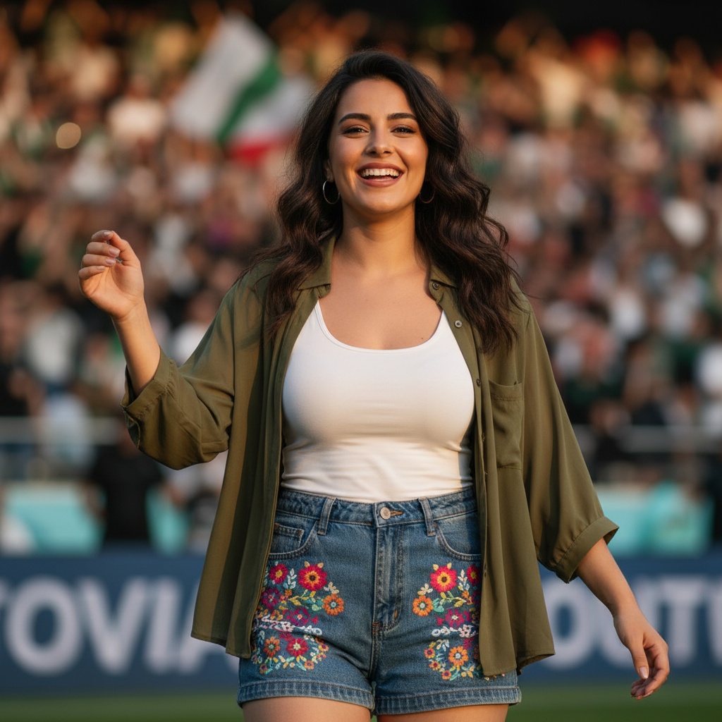 A vibrant portrait of a 22-year-old Middle Eastern woman, Jane, emanating the excitement of a lively match setting. She is styled in a chic, casual ensemble featuring a flowing, olive green chiffon blouse layered over a fitted white tank top, paired with high-waisted denim shorts adorned with intricate embroidery. Her hair is styled in loose waves, framing her face with effortless allure. The scene captures the excitement of the match, with the vibrant crowd in the background slightly blurred to emphasize her radiant smile, exuding confidence and energy. The lighting bathes her in a warm glow, enhancing the overall atmosphere of joy and community. Her pose is relaxed yet engaging, capturing the essence of youthful exuberance, perfectly aligned with the spirit of the event.