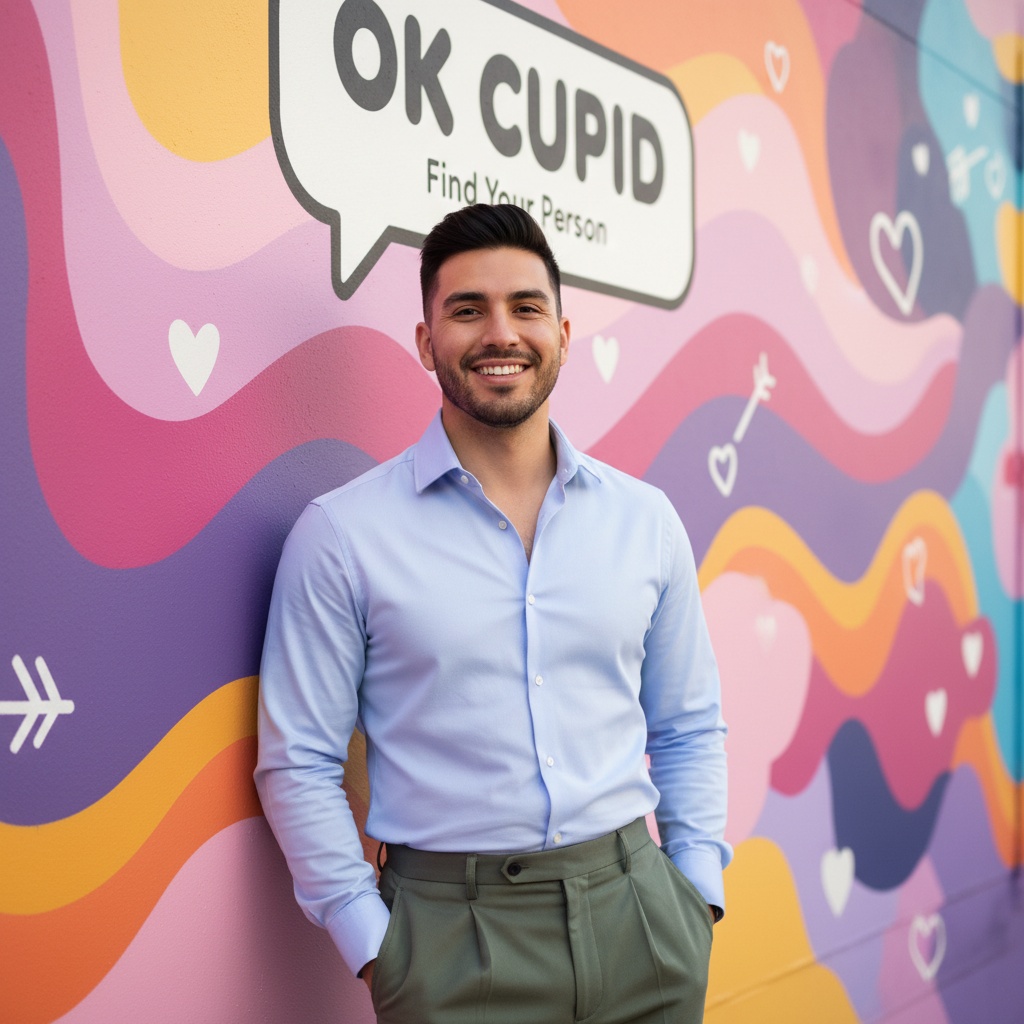 A 22-year-old Latin male, John, is depicted in a vibrant and modern setting inspired by the dating app Ok Cupid. He exudes youthful charisma while wearing a tailored, light blue shirt that complements his skin tone, tucked into stylish high-waisted trousers. The backdrop features a colorful mural that reflects the lively and playful essence of modern dating culture, with whimsical hearts and symbols. His pose is relaxed yet confident, leaning casually against the wall with one hand in his pocket, offering an open expression that invites connection. Shot in soft, diffused natural light to create an approachable and warm atmosphere, John radiates charm and authenticity, embodying a contemporary romantic spirit. The overall composition echoes a stylish social media profile photo, capturing the essence of a new generation of love and connection.