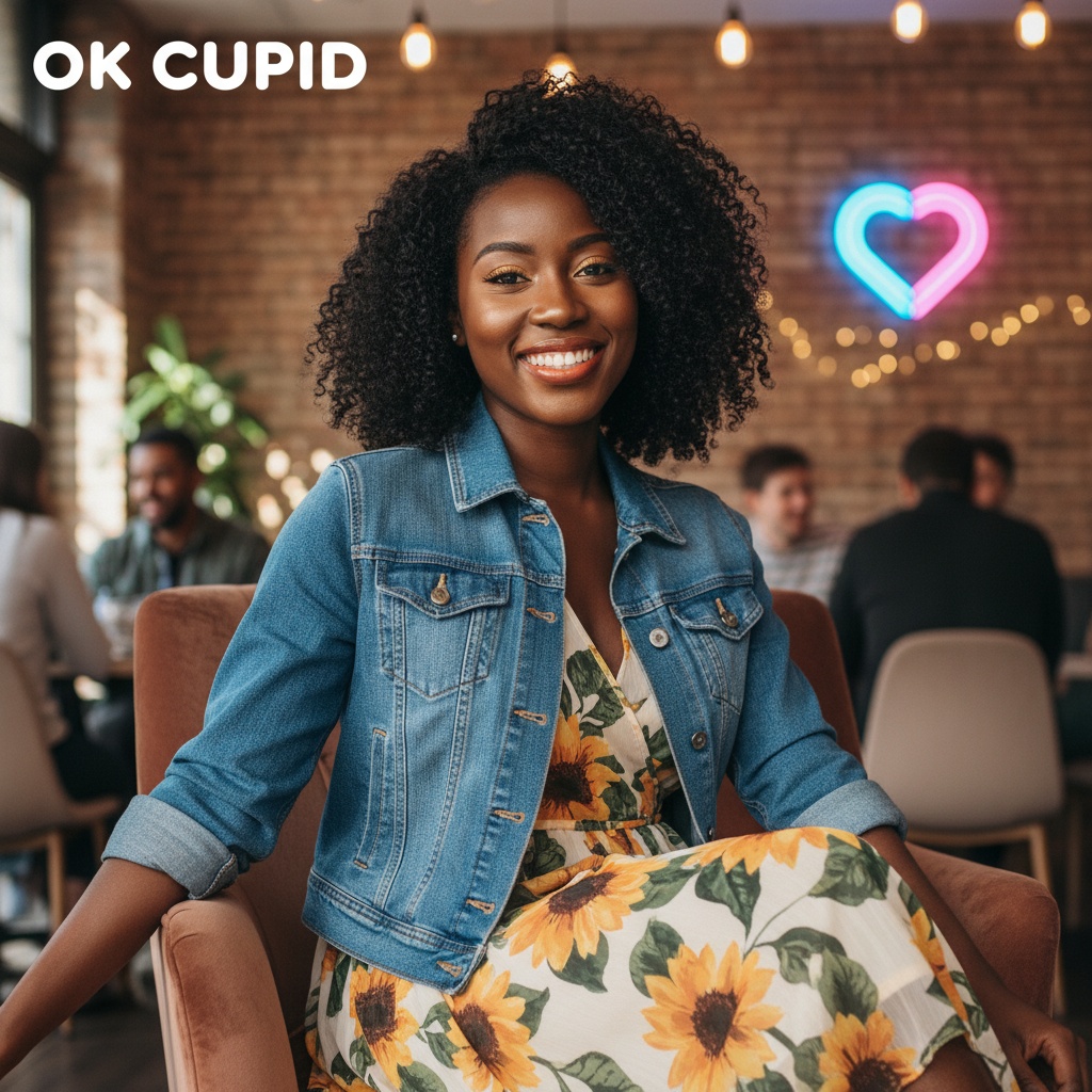 A 25-year-old black woman, Sarah, portrayed in a modern, vibrant setting that captures the essence of contemporary dating culture, specifically for Ok Cupid. She's styled in a chic, flirty outfit featuring a tailored denim jacket layered over a flowing, floral chiffon dress. Her hair is styled in voluminous curls, framing her face perfectly, while her makeup reflects a fresh, youthful glow with a hint of playful color on her lips. The background is infused with warm, inviting tones to suggest an intimate yet lively atmosphere, hinting at the excitement of modern romance. The composition focuses on her bright smile, showcasing confidence and approachability, embodying the spirit of connection and new beginnings in the digital dating realm.