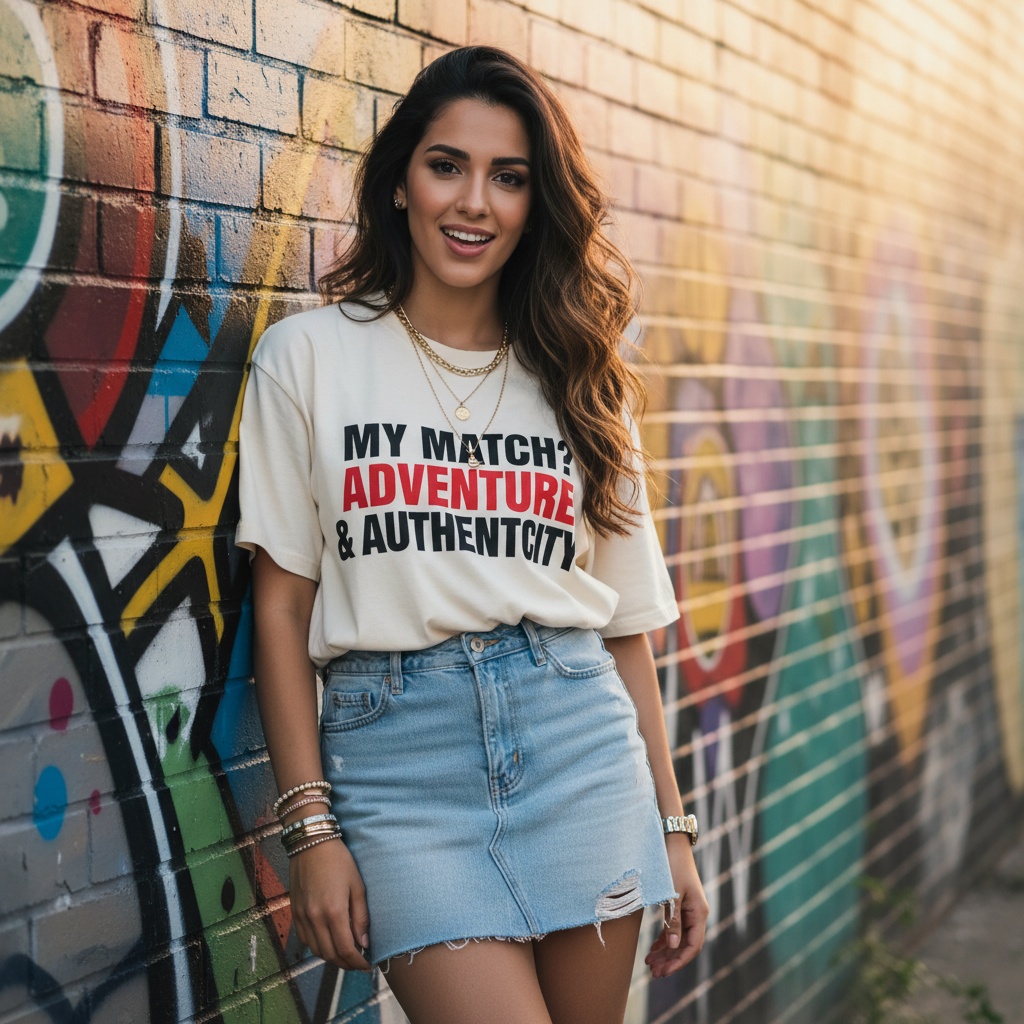 Emily, a captivating 23-year-old Middle Eastern woman, embodies the modern spirit of self-expression and authenticity in an OkCupid style editorial. She poses casually by a vibrant, graffiti-covered wall, wearing a high-waisted denim skirt and an oversized graphic tee featuring a thought-provoking quote. Layered gold and silver jewelry adorns her neck and wrists, complementing her stylish look. Her loose waves cascade over one shoulder, framing her face with a natural glow as she smiles playfully, inviting connection. Soft, dynamic lighting from the golden hour highlights her youthful exploration and individuality in dating, capturing the essence of modern romance in a photograph that speaks to contemporary love and connection. The negative space emphasizes her vibrant personality against the colorful backdrop.