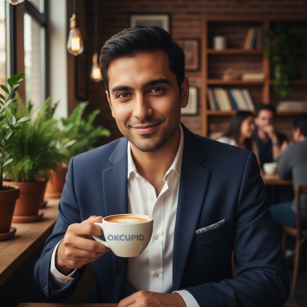A charismatic male figure, Michael, aged 28, embodying the essence of modern dating culture through the lens of Ok Cupid. He is depicted in a trendy café setting, with warm, inviting lighting that highlights his Indian heritage. Dressed in a sleek, tailored navy blazer over a crisp white shirt, he exudes confidence and approachability. His gaze is directed toward the camera, reflecting a blend of playfulness and sincerity, as if he's ready to engage in a meaningful conversation. The atmosphere is enriched by subtle details—hints of foliage and a stylish coffee cup in hand, suggesting a laid-back yet sophisticated vibe. This image is designed to evoke the excitement and hopefulness of contemporary romance.