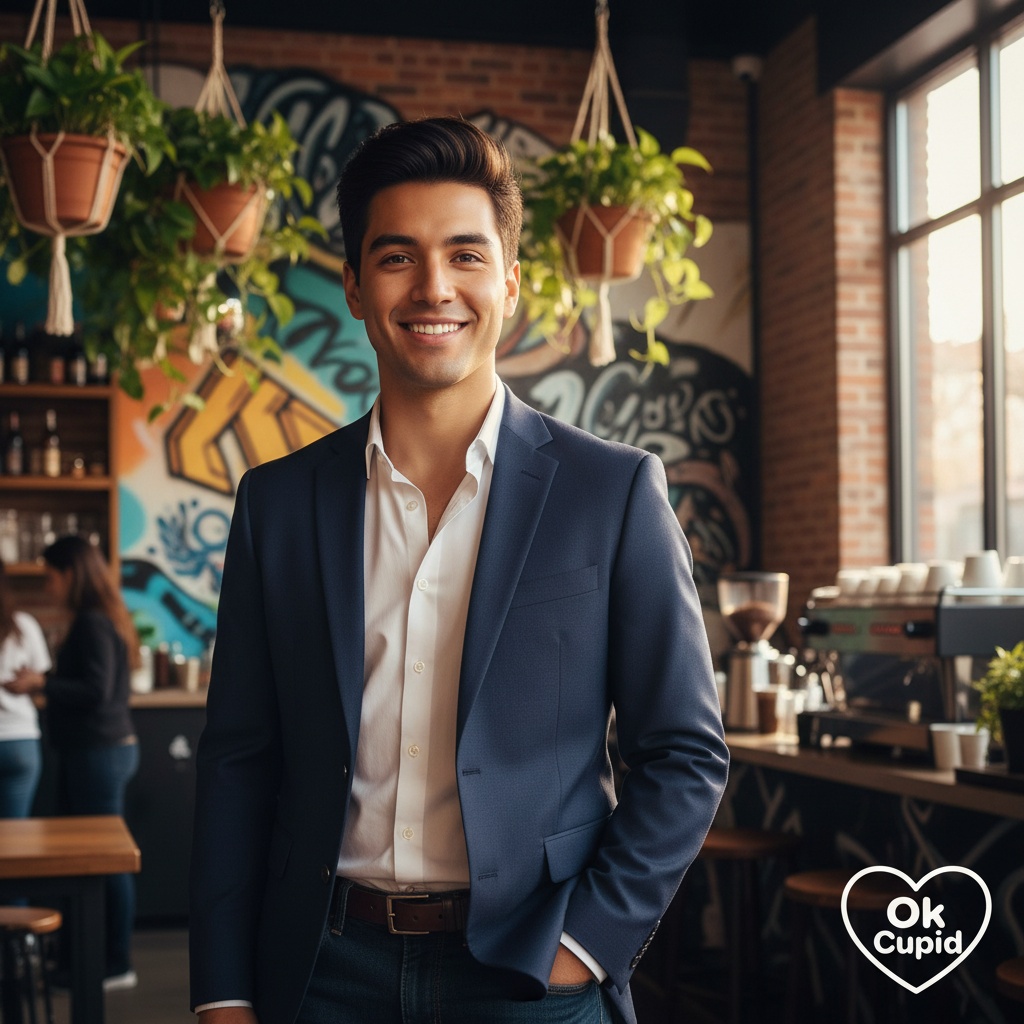 A striking 24-year-old Latin male, David, is captured in a vibrant, modern setting reminiscent of a trendy café, ideal for an Ok Cupid profile. He sports a tailored navy blazer over an open white shirt, exuding casual sophistication. His confident smile and relaxed posture convey a sense of approachability and charm, with one hand casually tucked into his pocket. The background features lush greenery and urban art, creating an inviting atmosphere. The lighting is warm and inviting, enhancing the rich tones of his skin and the ambiance of the café, embodying the essence of contemporary dating culture with a playful, romantic twist.